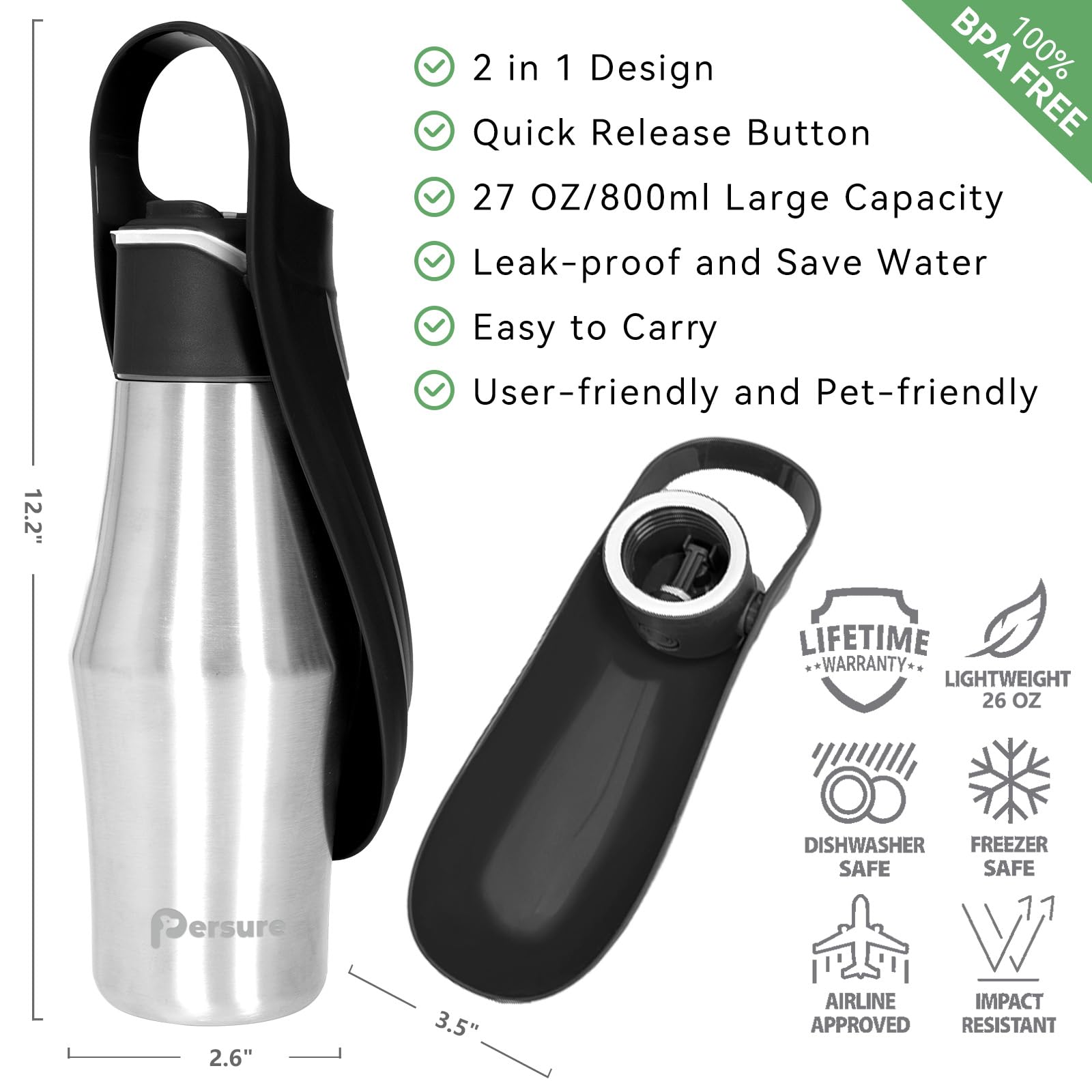 Persure 27 OZ Dog Water Bottle Portable Stainless Steel Convenient Pet Water Dispenser, Leak Proof Puppy Travel Water Bowl for D
