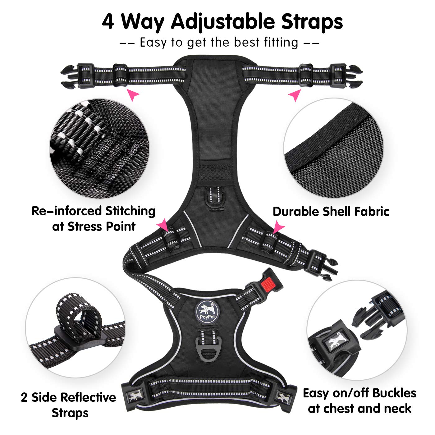 Poypet Dog Harness No Pull, Reflective Vest Harness With Front & Back 2 Clips And Easy Control Handle For Small Medium Large Bre