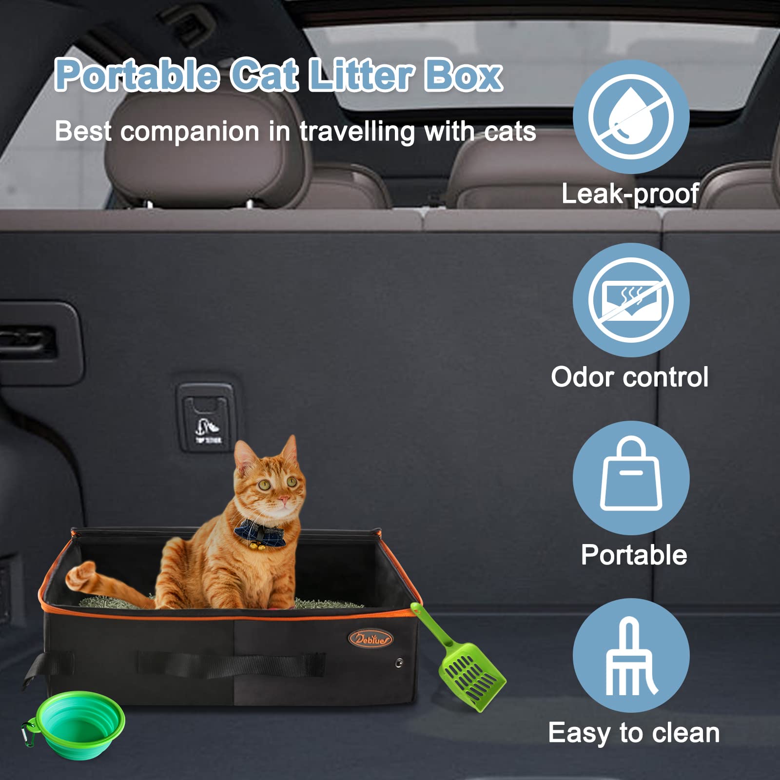 Deblue Portable Cat Travel Litter Box With Lid, Leak-Proof And Water-Proof, Lightweight Cat Litter Box For Car, Road Trip, Hotel, Airplane, And Outdoor-Black