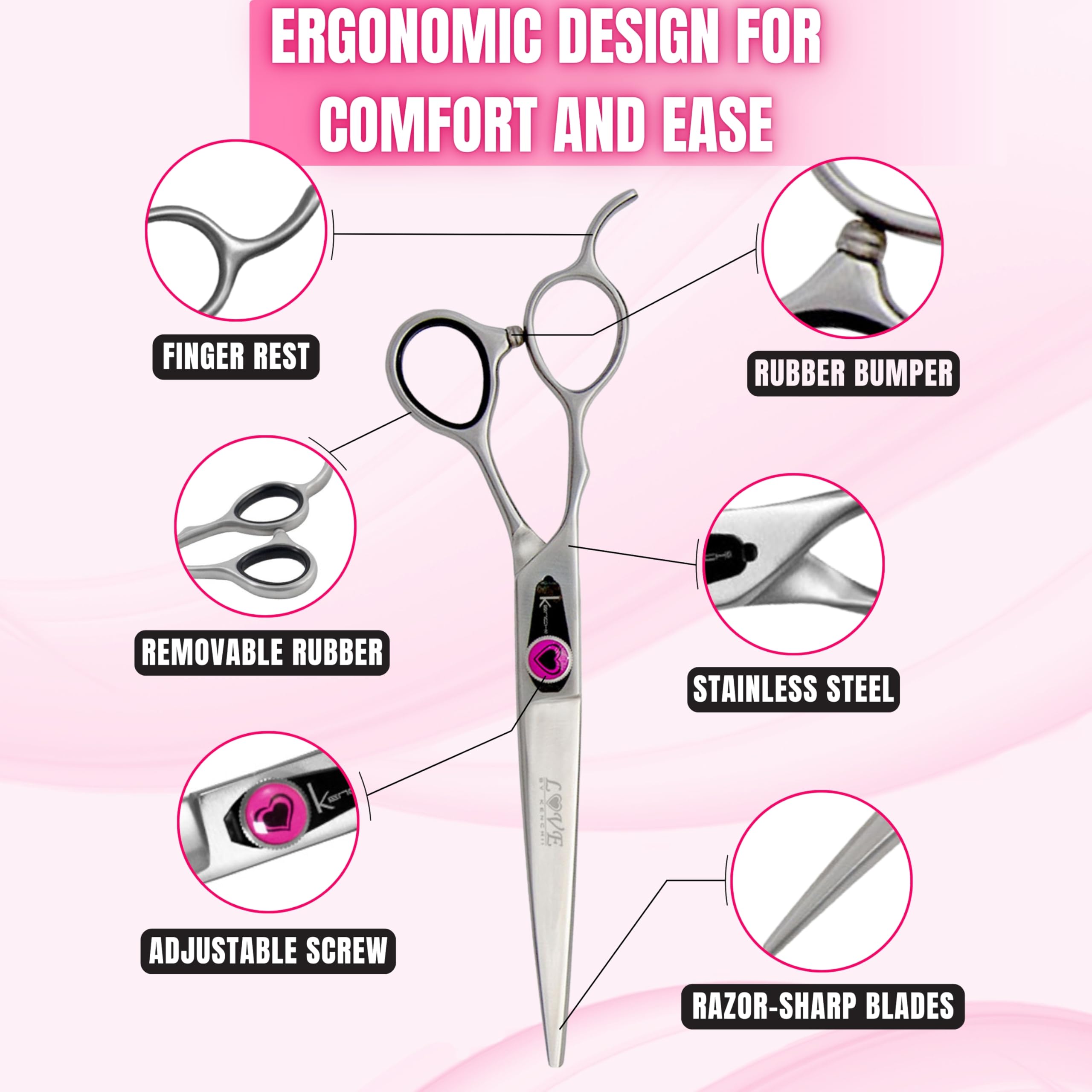 Kenchii Left Handed Dog Grooming Scissors | 7 Inch Shears | Straight Scissors For Dog Grooming | Love Collection Dog Shears | Pet Grooming Accessories | Pet Hair Trimming Scissor