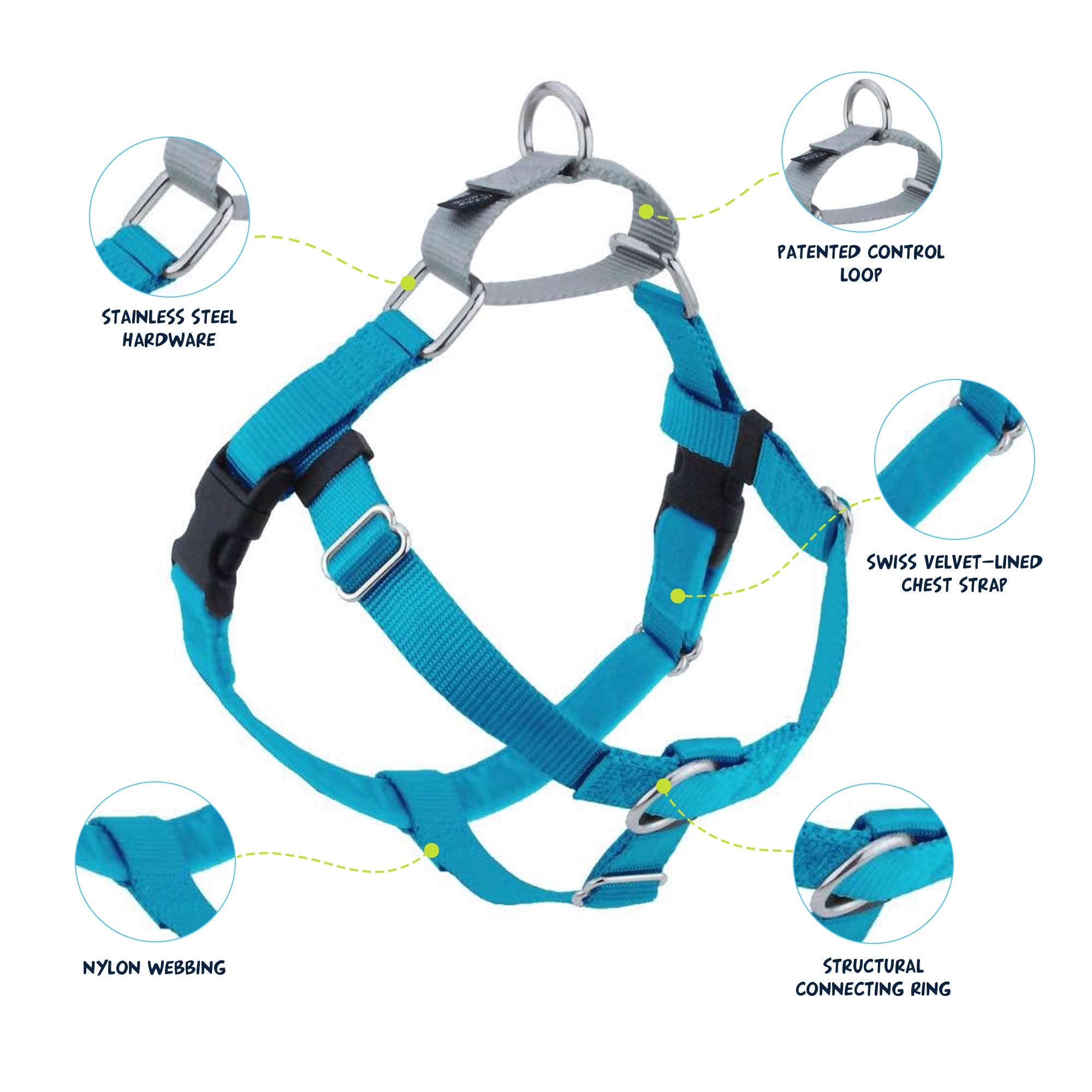 2 Hounds Design Freedom No Pull Dog Harness, Adjustable Harness, Easy Walking & Comfortable Control, Fits Small, Medium & Large Dogs, Solid Colors, Made In Usa, 5/8' Md, Turquoise