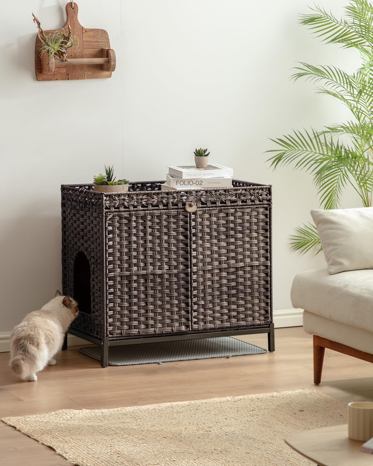 Setvson Cat Litter Box Enclosure Furniture, Hidden Handwoven Rattan Litter Box With Mat, Large Cat House With Metal Heightened F