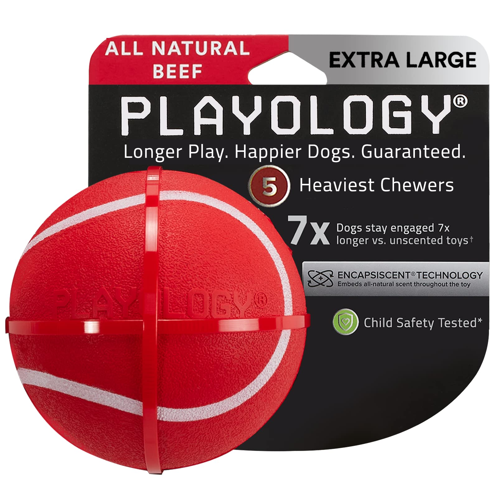 Playology Squeaky Chew Ball Dog Toy, for Extra Large Dogs (50lbs and Up) - for Heaviest Chewers - Engaging All-Natural Beef Scen