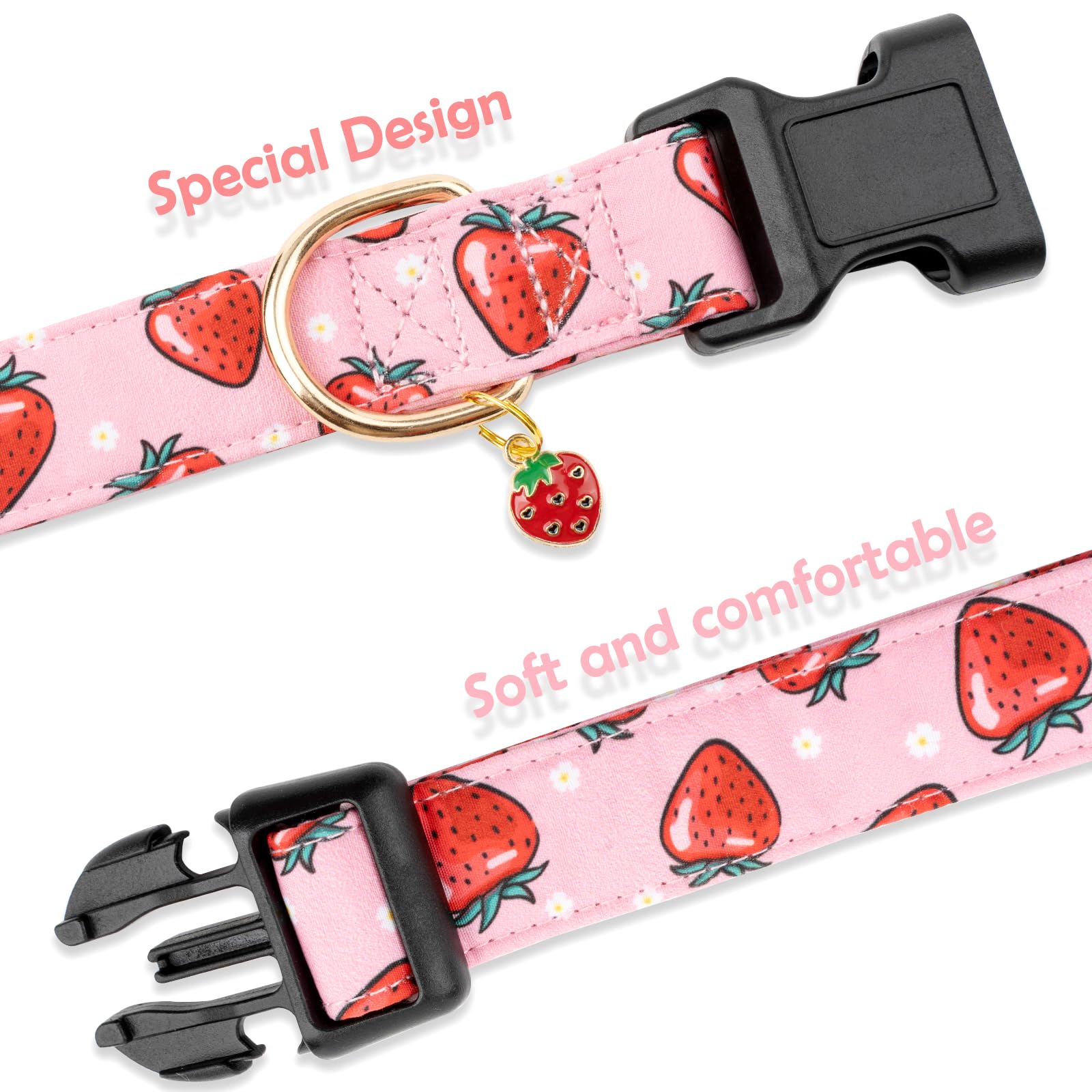 Faygarsle Pink Strawberry Pattern Cotton Dog Collar For Small, Medium, Large Boys Girls Dogs M
