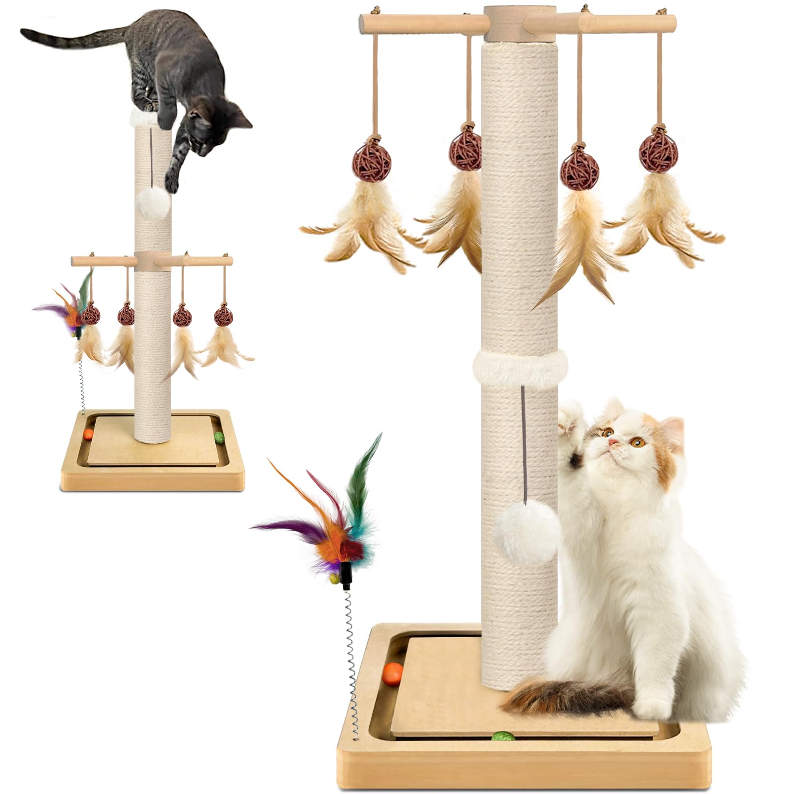 Cat Scratching Post, Sisal, Scratcher Tree Tower For Indoor Cats Adults With Hanging And Ball Track, 2 Mounting Methods Interact