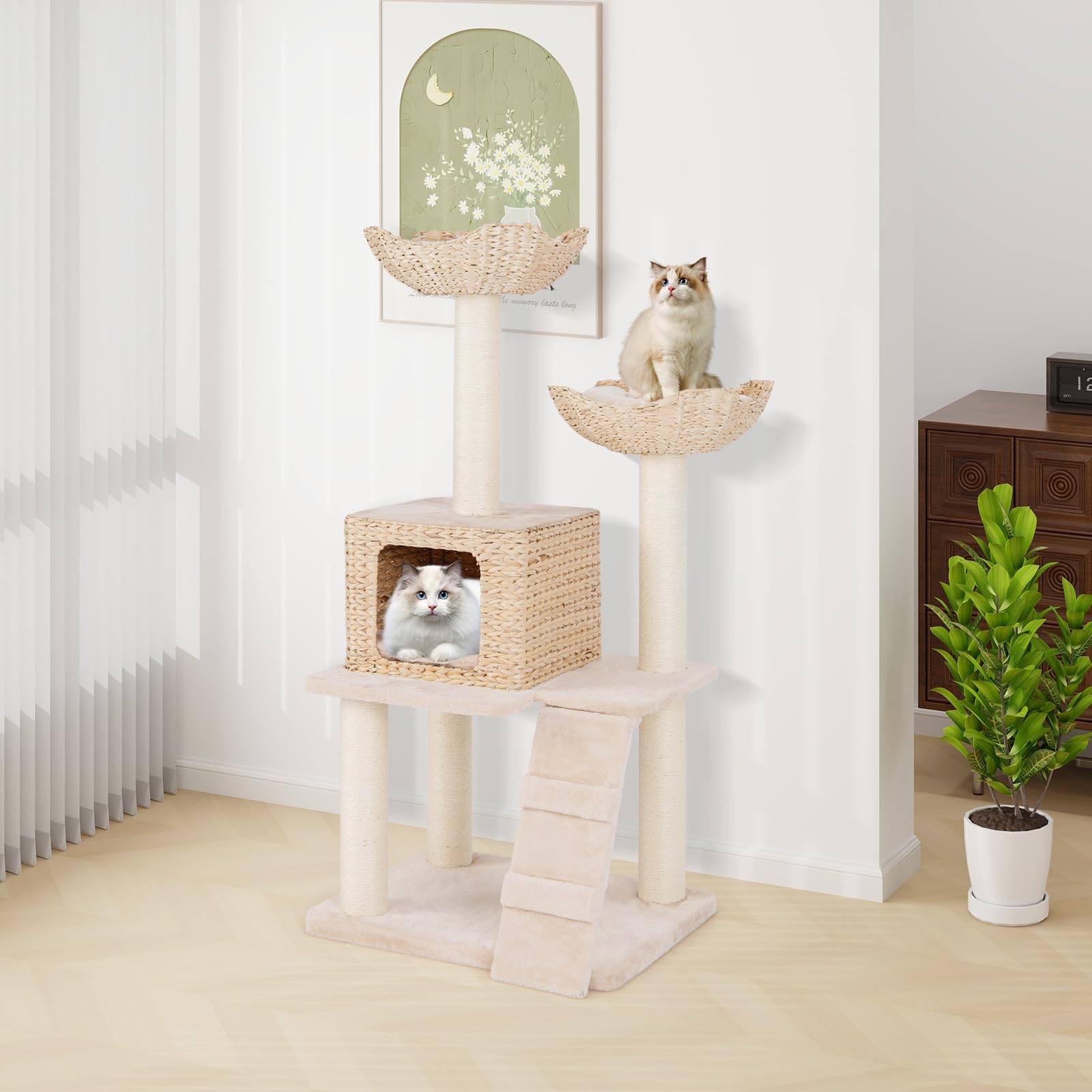 Tangkula Modern Cat Tree, 48 Inch Multi-Level Cat Tower With Sisal Scratching Posts, Cattail Fluff Condo & 2 Perches And Climbin
