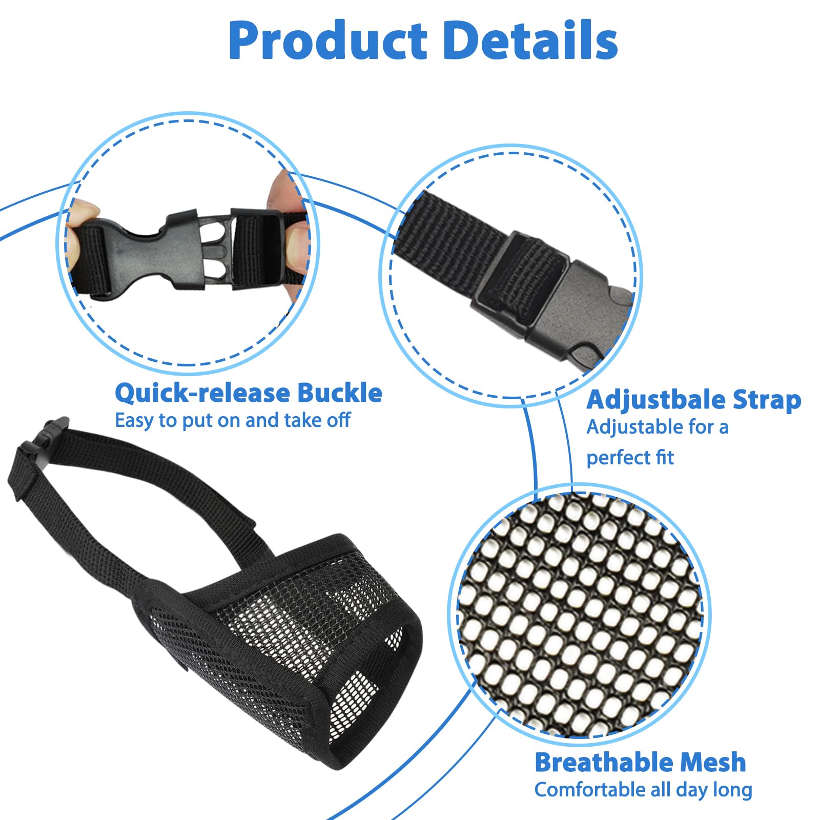 LUCKYPAW Dog Muzzle Suits for Small Medium Large Dogs, Mesh Muzzle Pack Anti Biting Chewing, Breathable Mouth Guard Sets with Ad