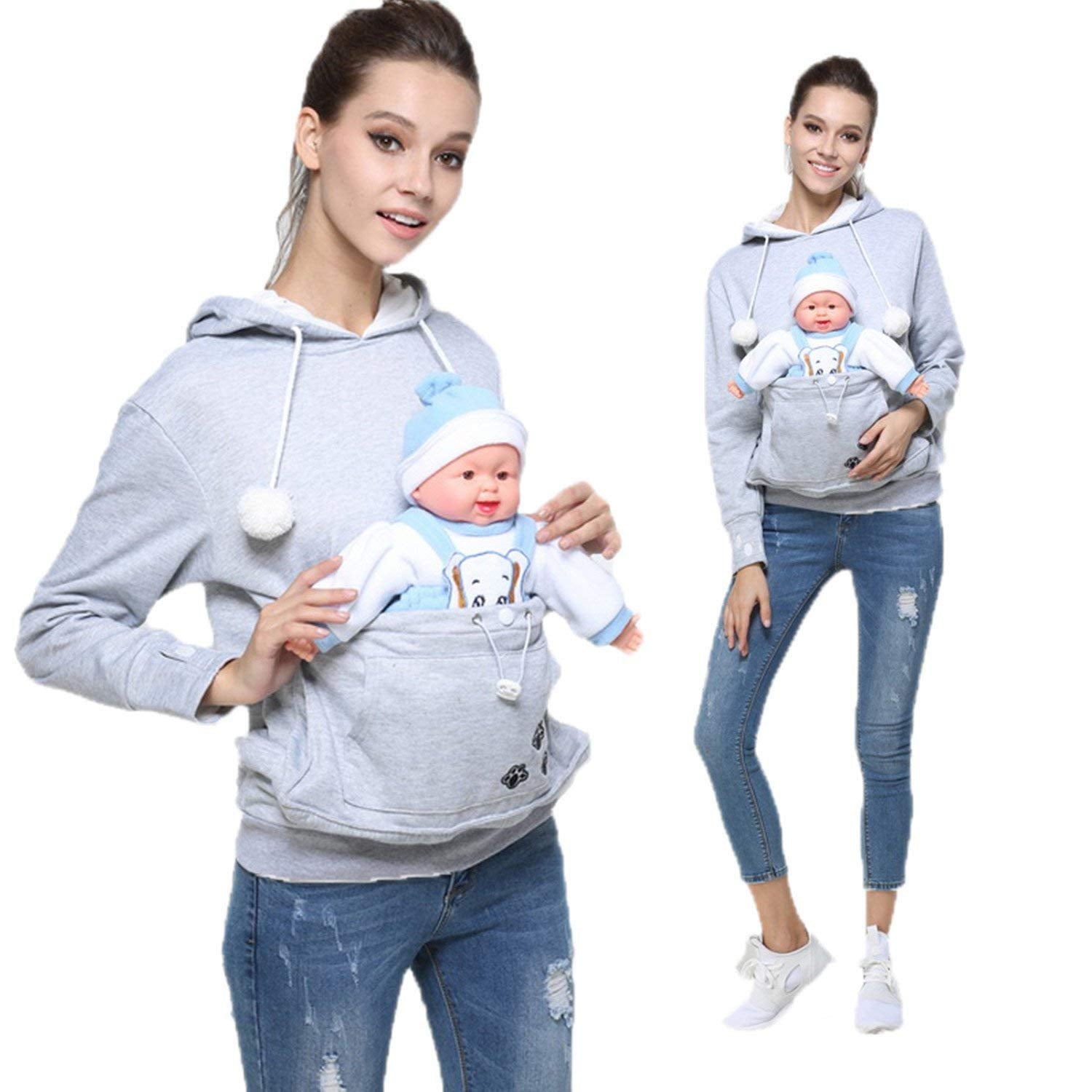 Womens Pet Carrier Sweater Dog Cat Pouch Hoodies Plus Size Tops Light Grey L