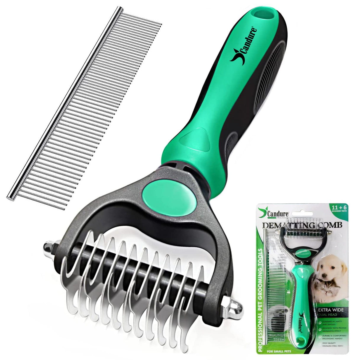 Candure Pet Friendly Double-Sided Dematting Undercoat Rake And Comb For Effective Hair Removal And Shedding Control In Dogs & Cats (Small, Green)