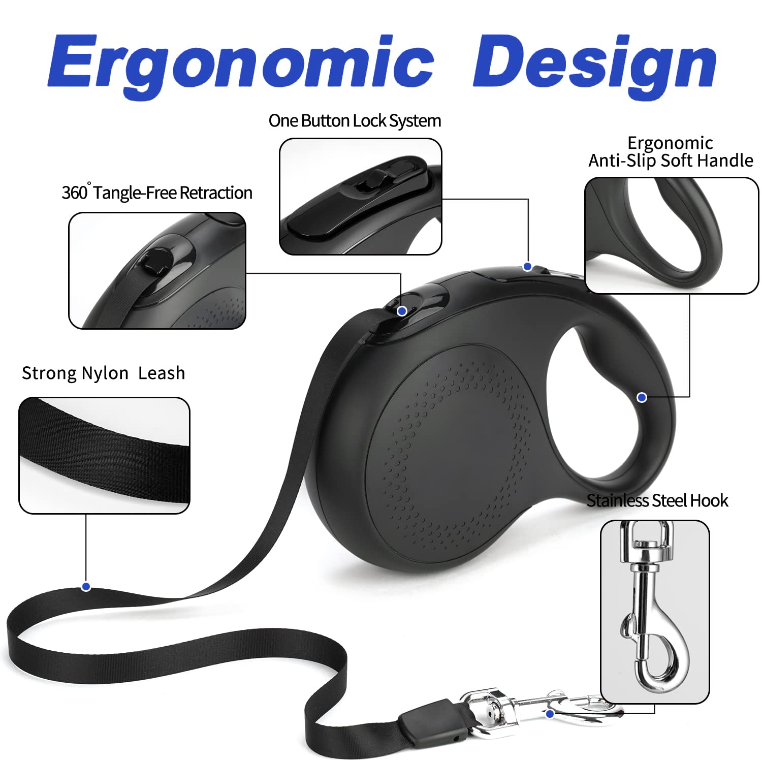 Jubdug Retractable Dog Leash, 26 Feet Dog Leash For Small To Large Dogs Up To 110Lbs, Anti-Slip Handle One Button Lock And Relea