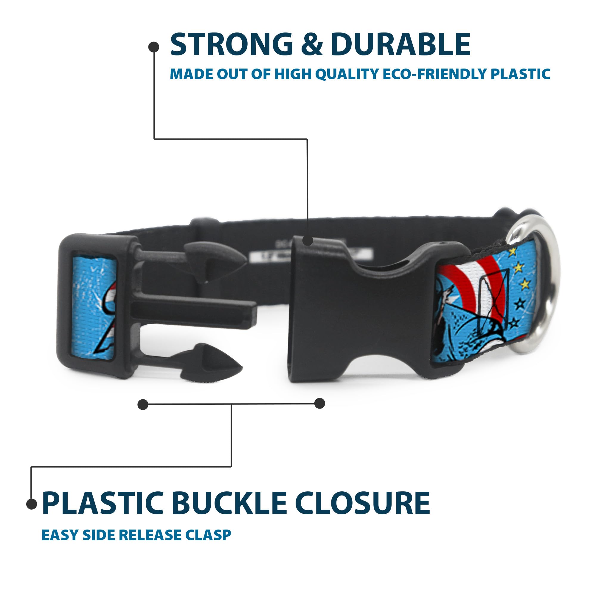Buckle-Down Dog Collar Plastic Clip Captain America Action Pose Weathered Blue, 1.5 Wide - Fits 18-32 Neck - Large (Pc-W