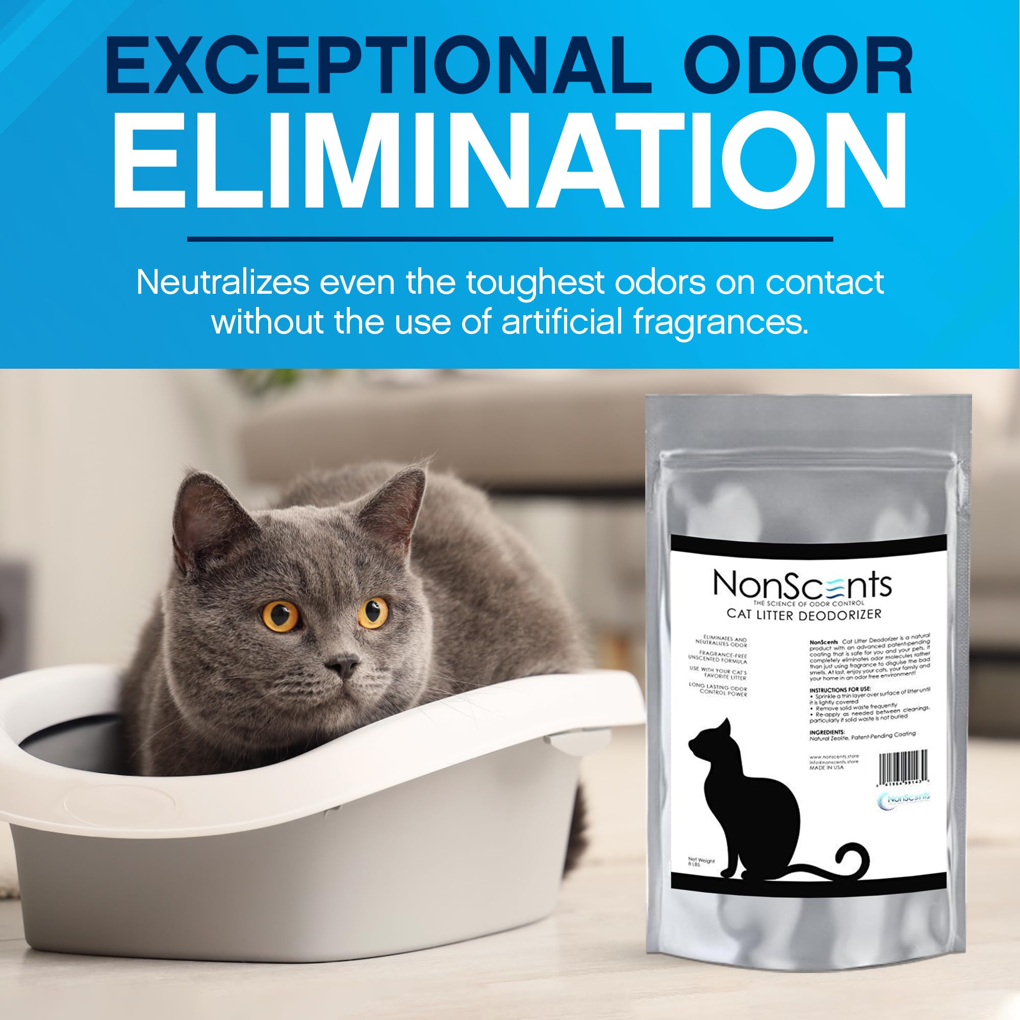 Nonscents Cat Litter Deodorizer - Litter Box Odor Eliminator - Less Scooping Extends Kitty Litter Lifespan - Fragrance-Free Form