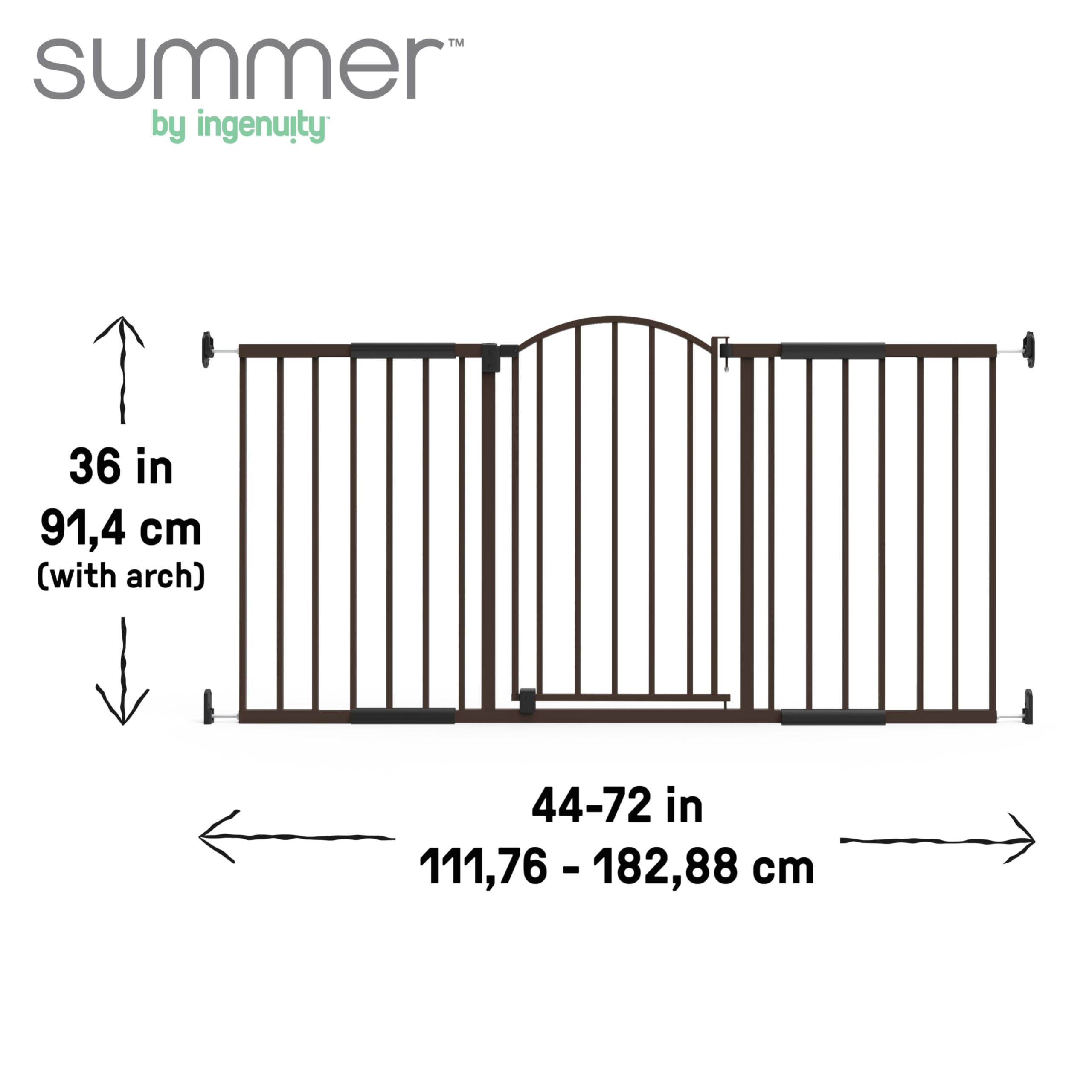 Summer Infant Metal Expansion Extra Wide Safety Pet And Baby Gate, 44'-71' Wide, 36” Tall, Hardware Mounted For Dog And Child Safety, Fits Large Opening Or Doorway, Auto Close Walk Thru Door - Bronze