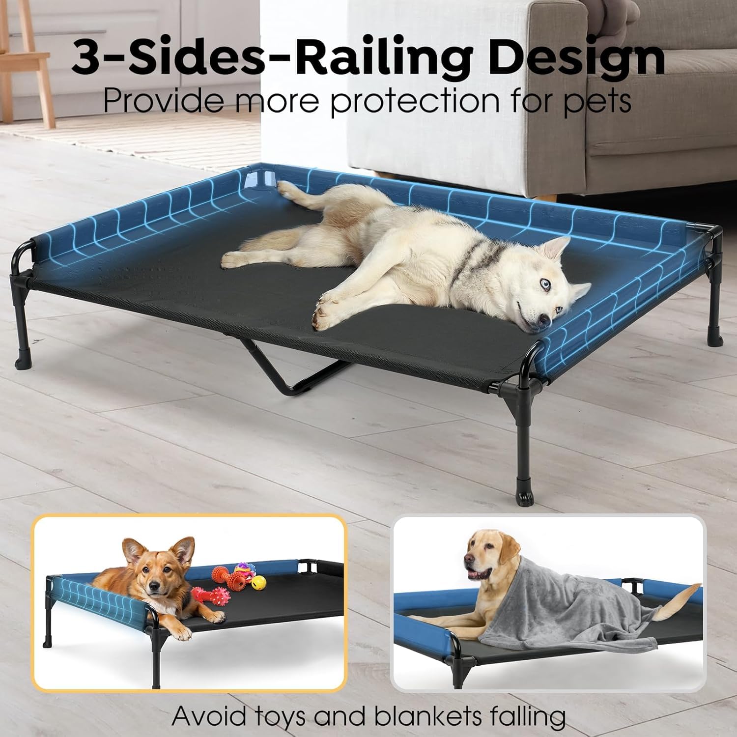 Veehoo Elevated Dog Bed - Large 47x29 Black Cooling Cot with Three-Sided Fence, Durable Mesh & Non-Slip Feet for Outdoor Use