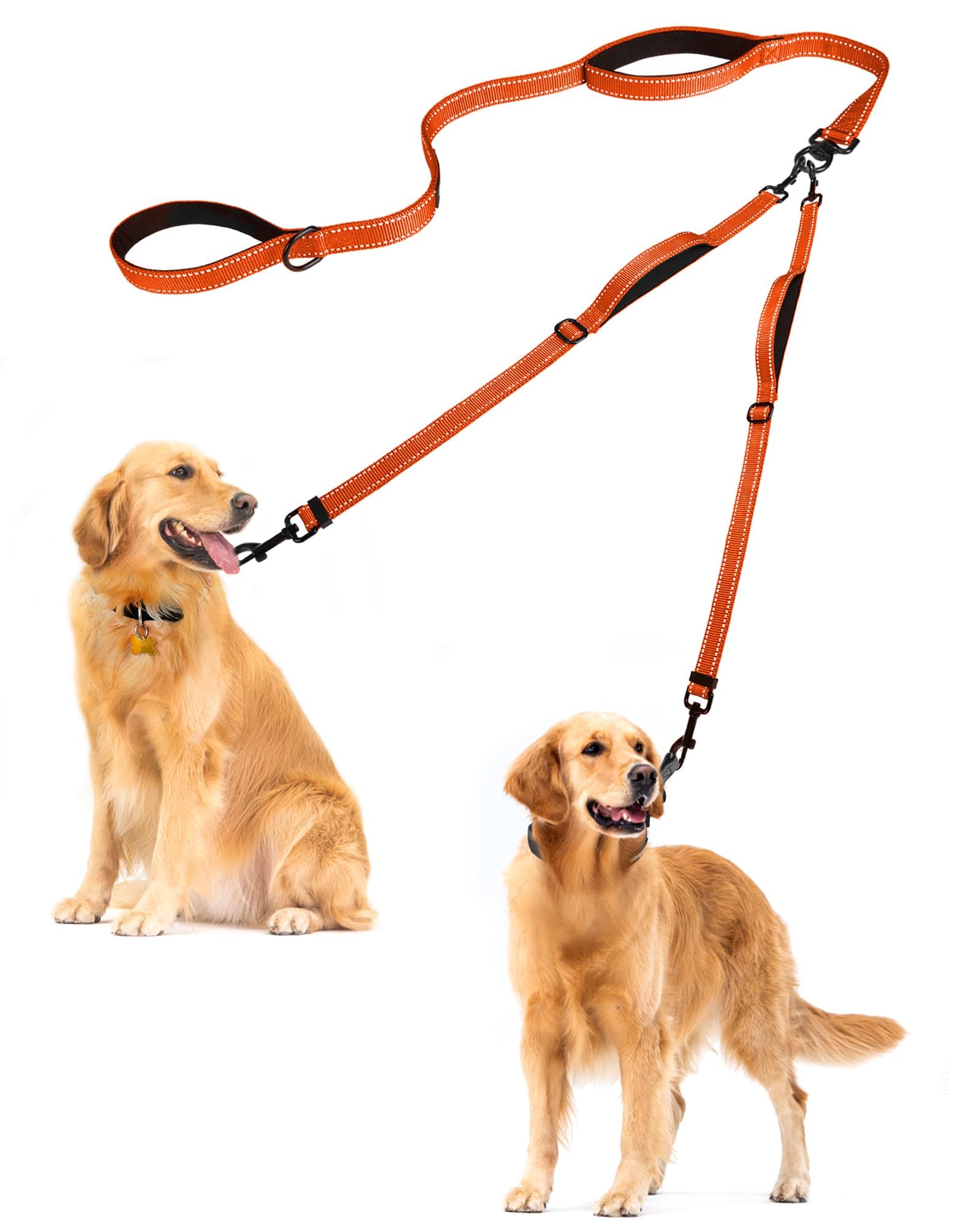Petbonus Double Dog Leash, No Tangle Dual Dog Leash, Reflective Walking Training Leash, 4 Comfortable Padded Handles For 2 Dogs With Collapsible Bowl And Waste Bags (Orange, Large)