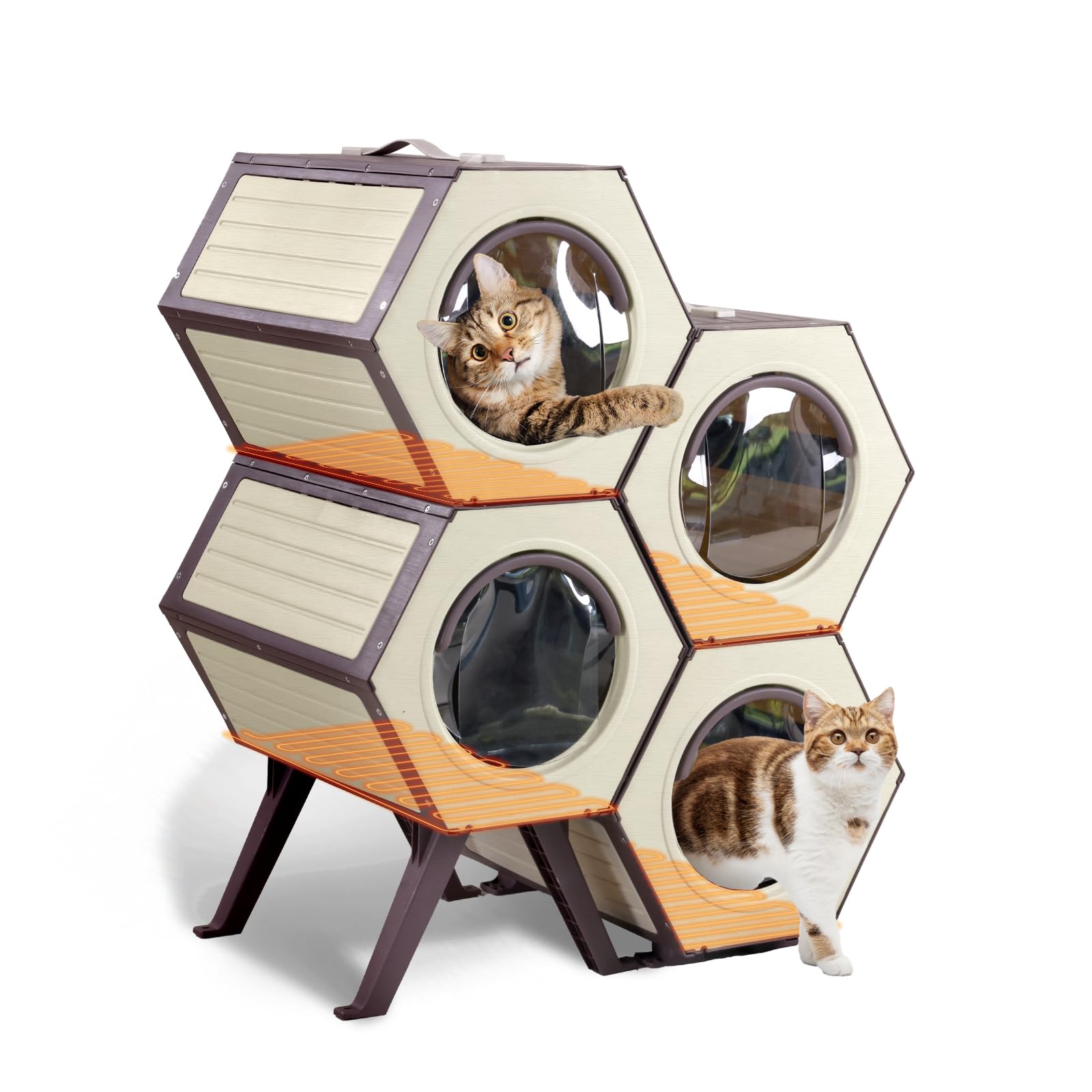 Heated Cat House For Outdoor Winter,Combined Cat Condo With Adjustable Temperature And Time, Insulated Outdoor Or Indoor Cat She
