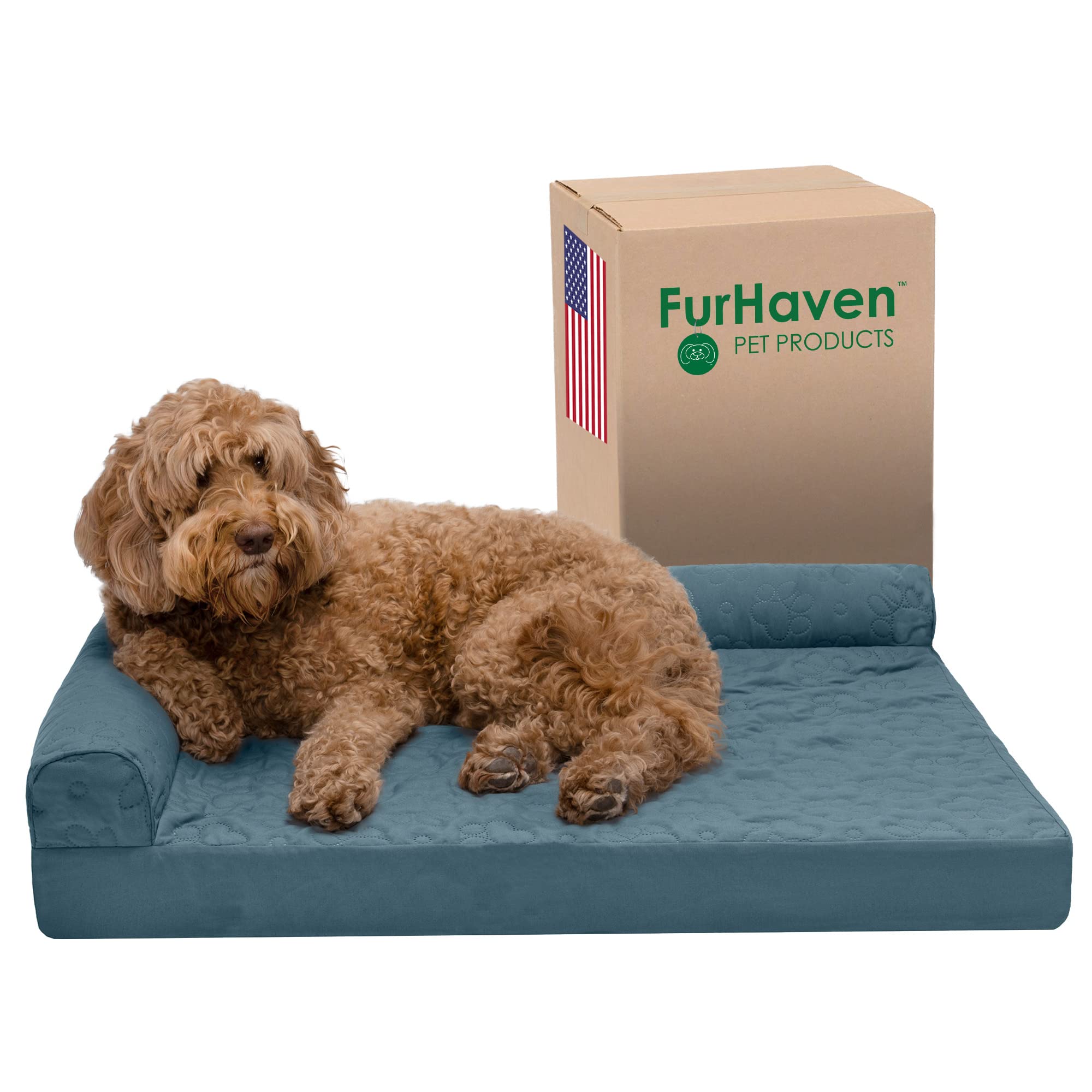 Furhaven Orthopedic Dog Bed For Large/Medium Dogs W/ Removable Bolsters & Washable Cover, For Dogs Up To 55 Lbs - Pinsonic Quilted Paw L Shaped Chaise - Bluestone, Large