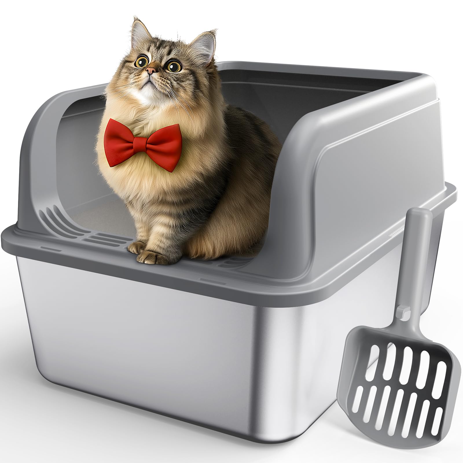 Powools Stainless Steel Cat Litter Box, Metal Kitty Litter Box With Scoop, Anti-Leakage Top Entry, Non-Sticky, Easy To Clean, Gr