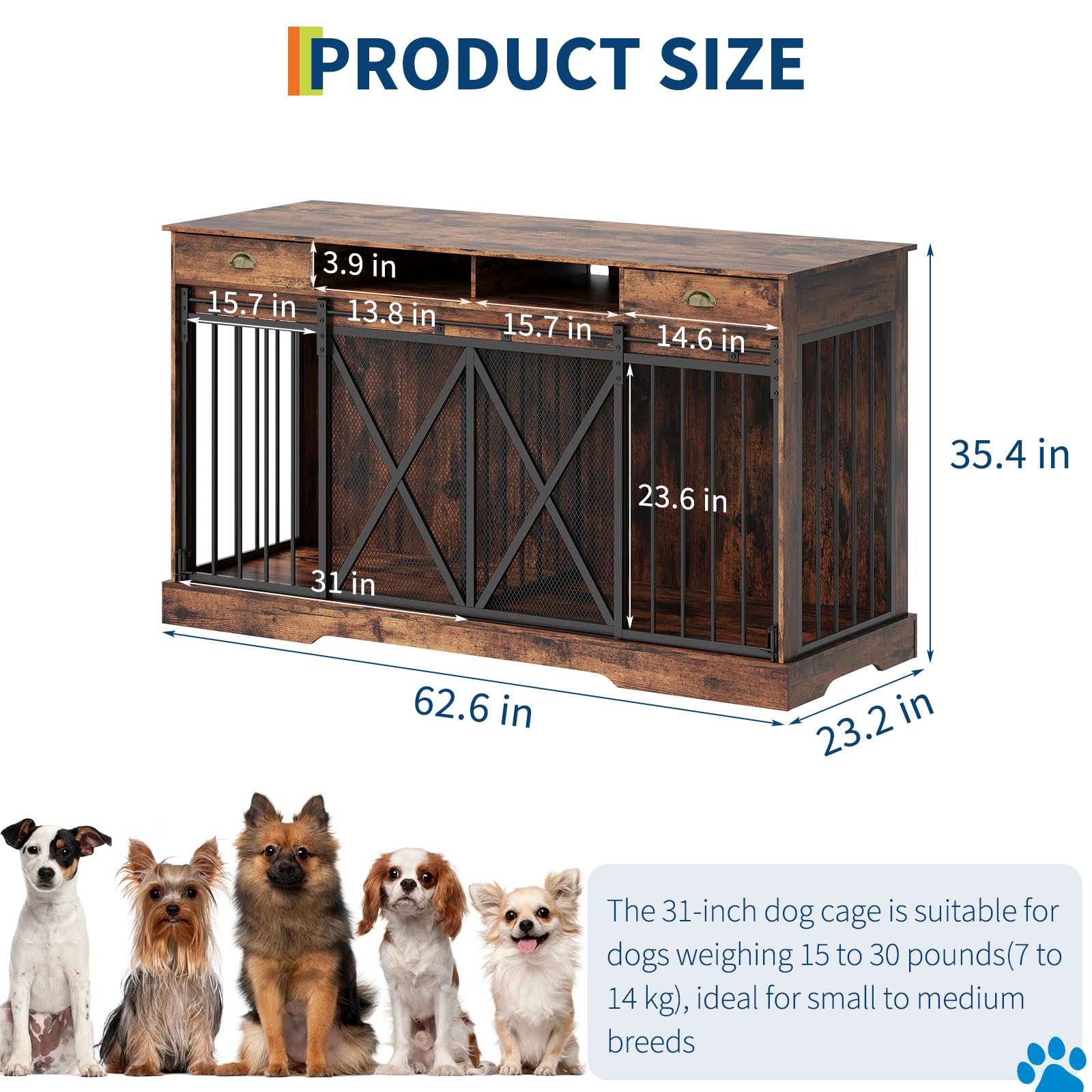 GarveeLife 63 in Extra Large Double Dog Crate with Removable Divider, Heavy Duty Dog Kennel Furniture with 2 Drawers, Indoor Dec