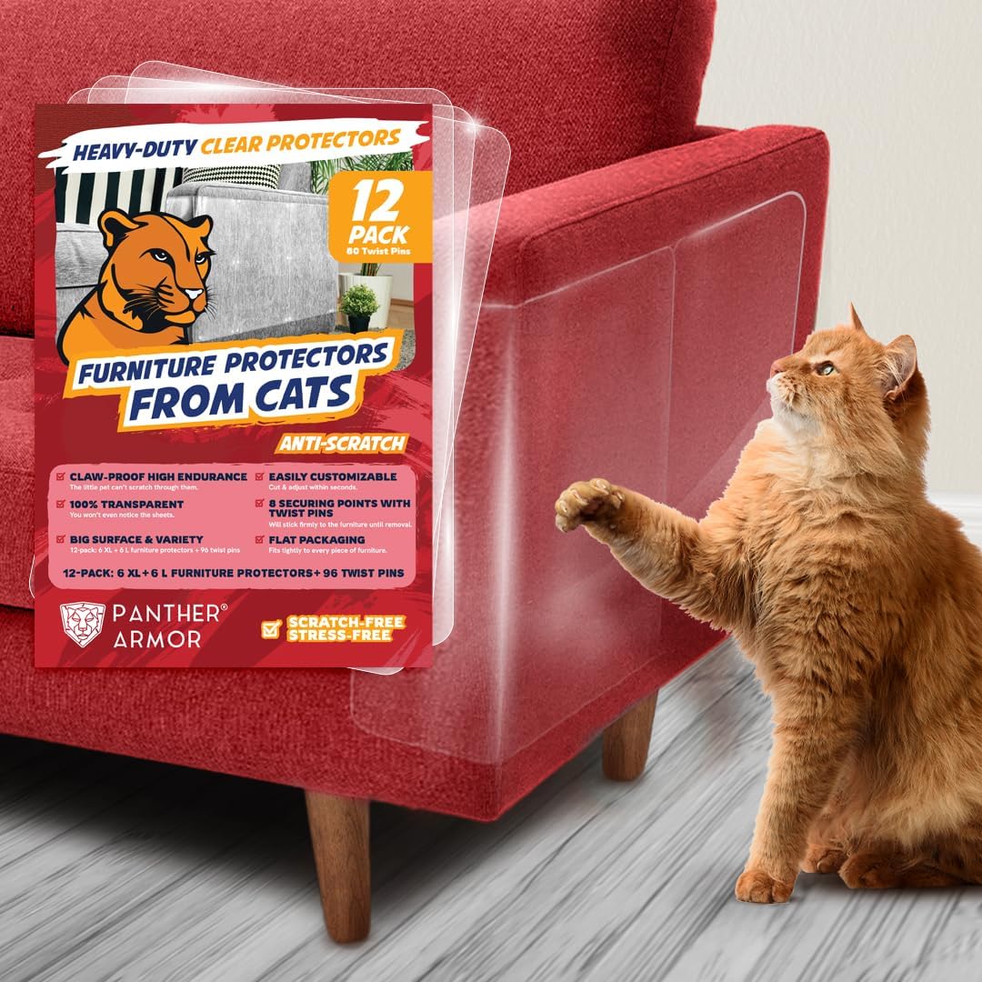 Panther Armor 12-Pack Furniture Protectors From Cats Scratch - Anti Cat Couch Guards - Sofa Corner Scratching Training Tape Deterrent