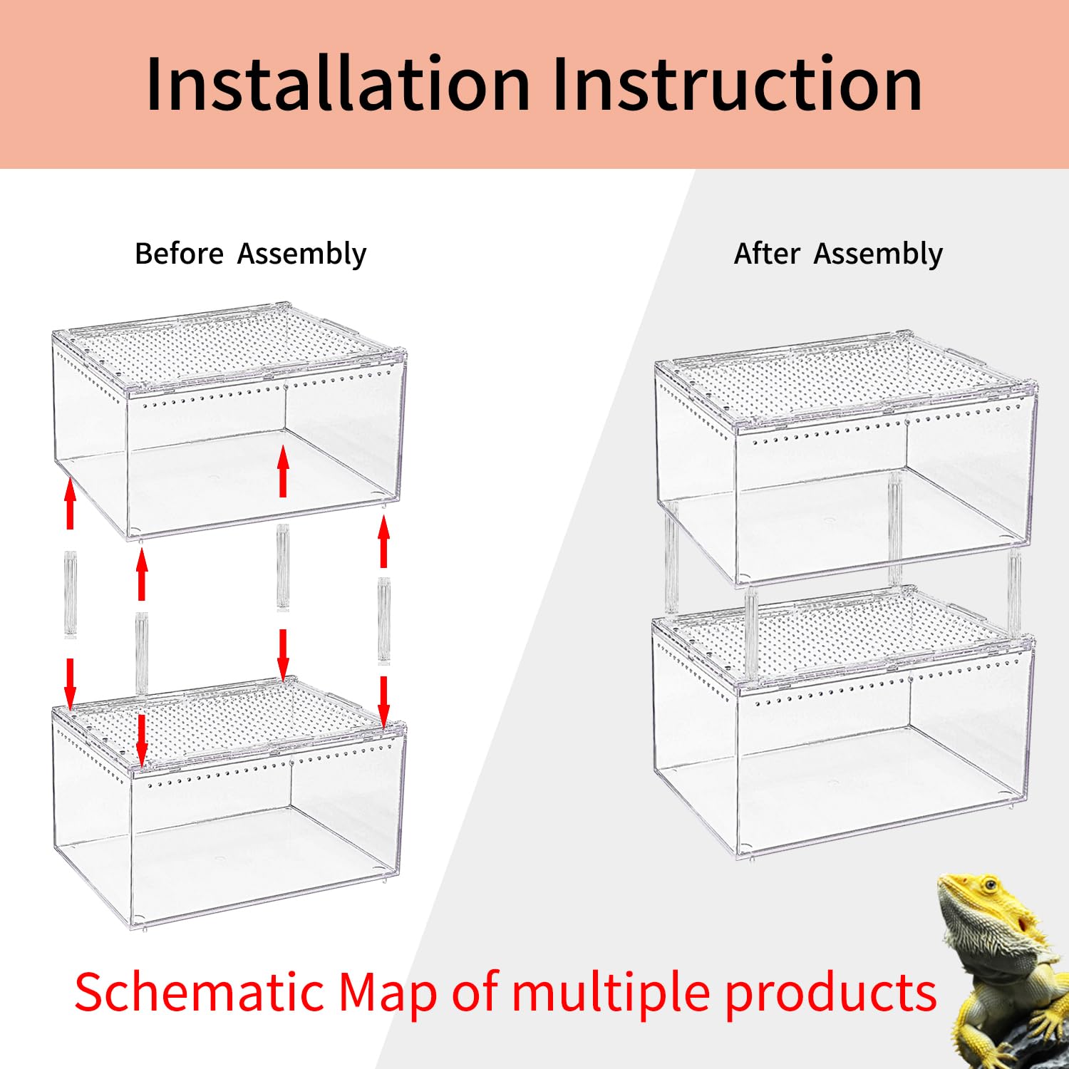 ?No Assembly? Reptile Tank Enclosure With Magnetic Button.12'' * 8'' * 6'' Thicken Snake Enclosure Cage,Batch Stackable Reptile
