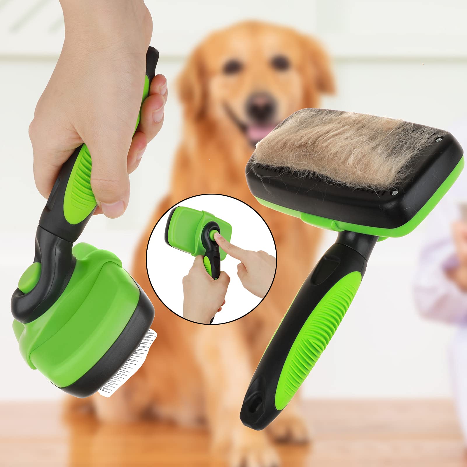 Smartlife Pet Grooming Brush Self Cleaning Slicker Brushes For Dogs And Cats Long & Thick Hair Best Pet Shedding Tool For Grooming Loose Undercoat,Tangled Knots & Matted Fur (Green)