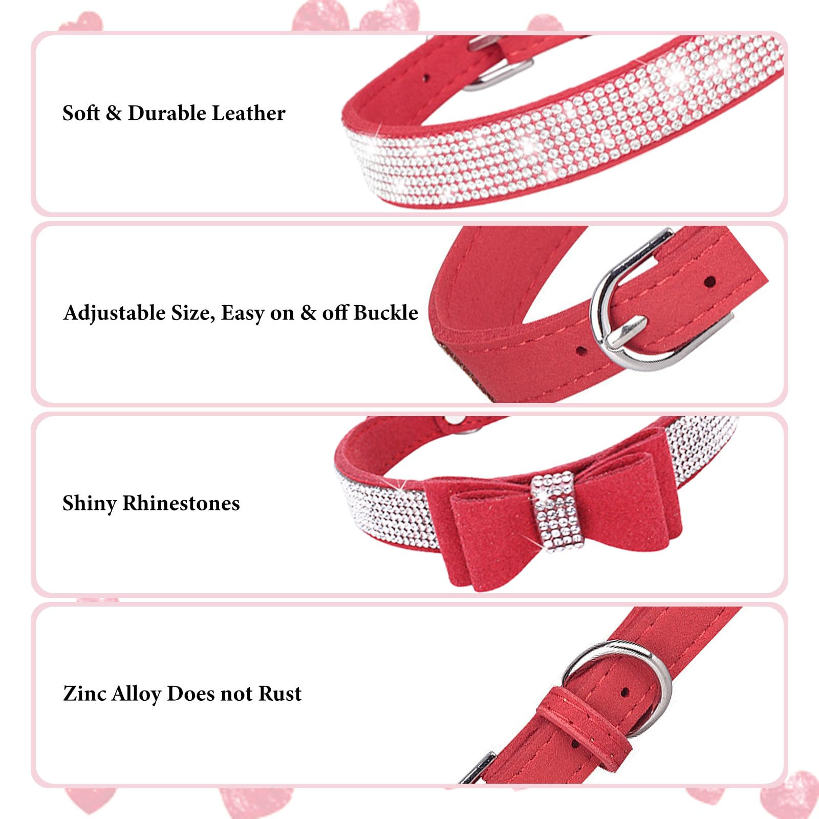 Red Sparkle Dog Collars For Small Dogs, 2-Pack Bling Diamond Dog Collar Soft Suede Glitter Rhinestone Jewelry Crystal Girl Puppy