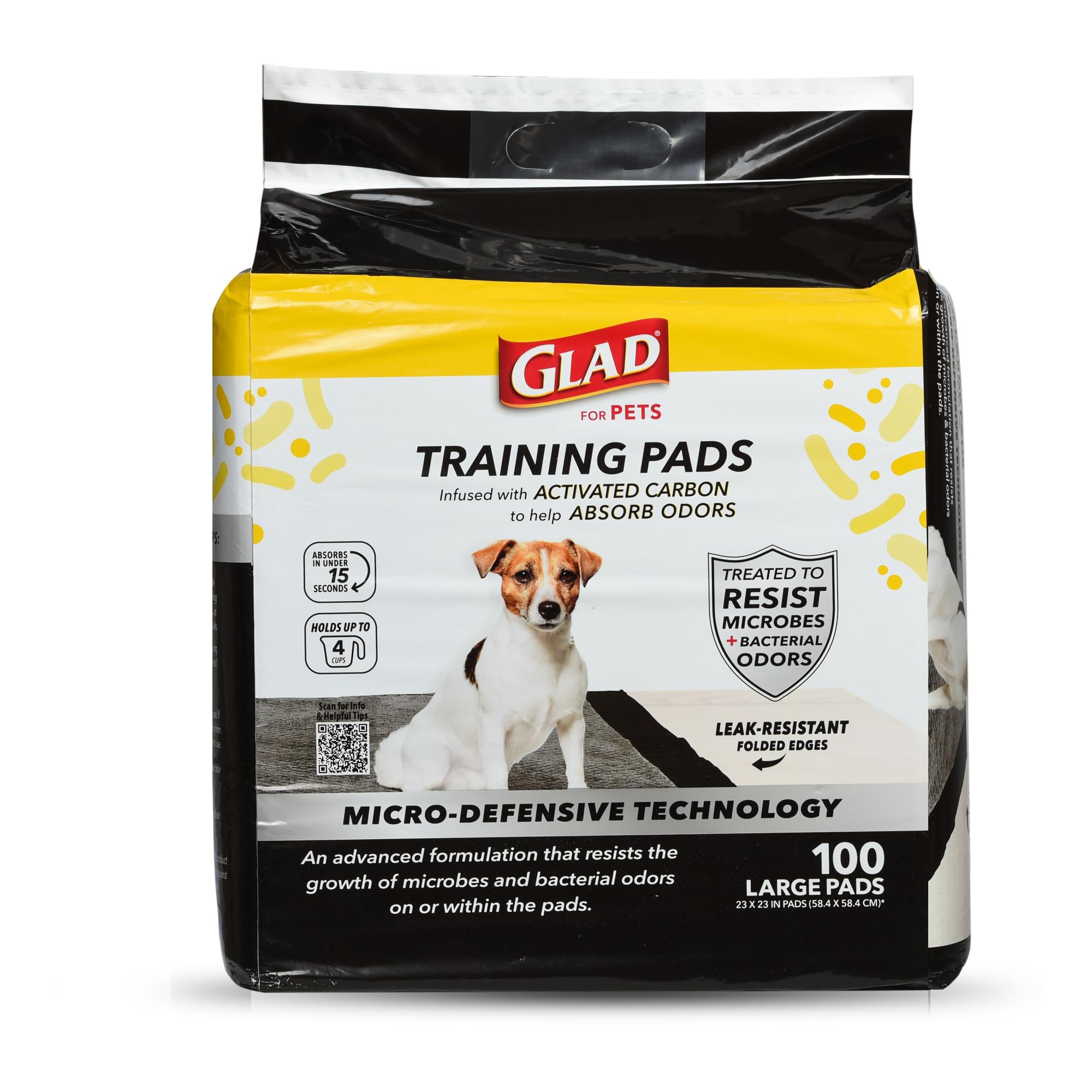 Glad for Pets Activated Carbon Puppy Training Pads with Anti-Microbial Technology, 23x23 100ct | Ultra Absorbent, Odor Control, 