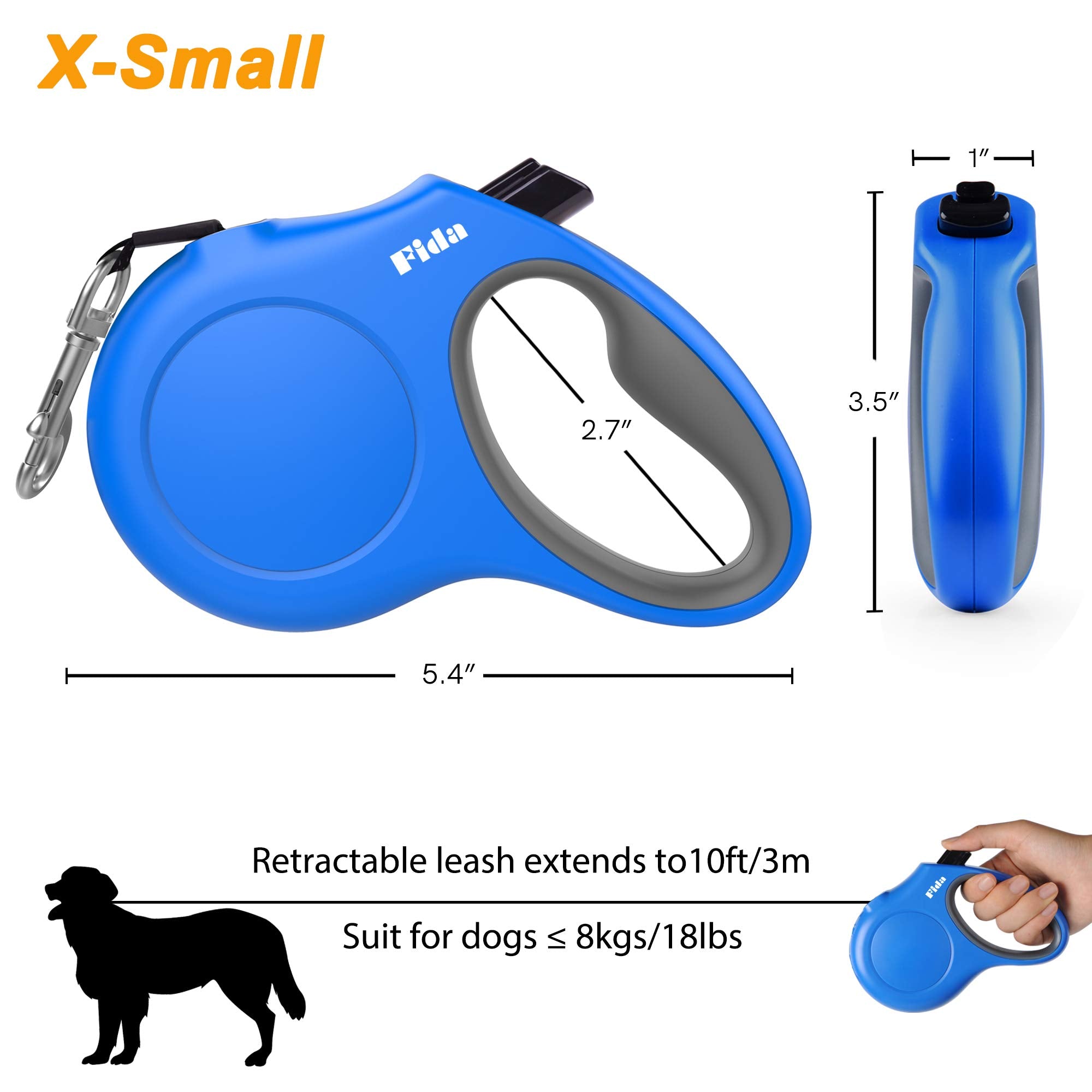 Fida Retractable Dog Leash With Dispenser And Poop Bags, 10 Ft Pet Walking Leash For X-Small Dog Or Cat Up To 18 Lbs, Anti-Slip Handle, Tangle Free, Reflective Nylon Tape (Xs, Blue)