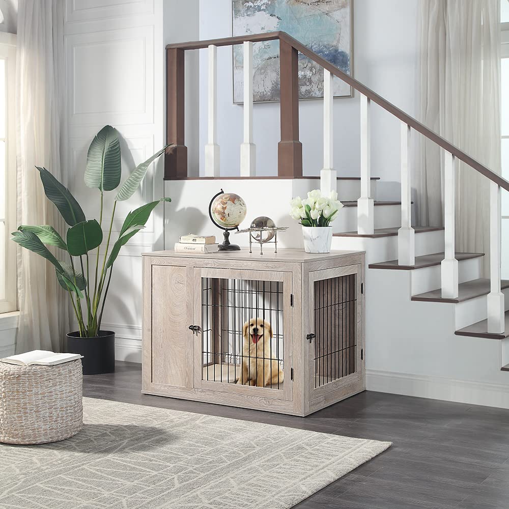 unipaws Furniture Style Dog Crate for Medium Large Dogs, Indoor Aesthetic Dog Stuff Kennel, Modern Decorative Wood Wire Pet Hous