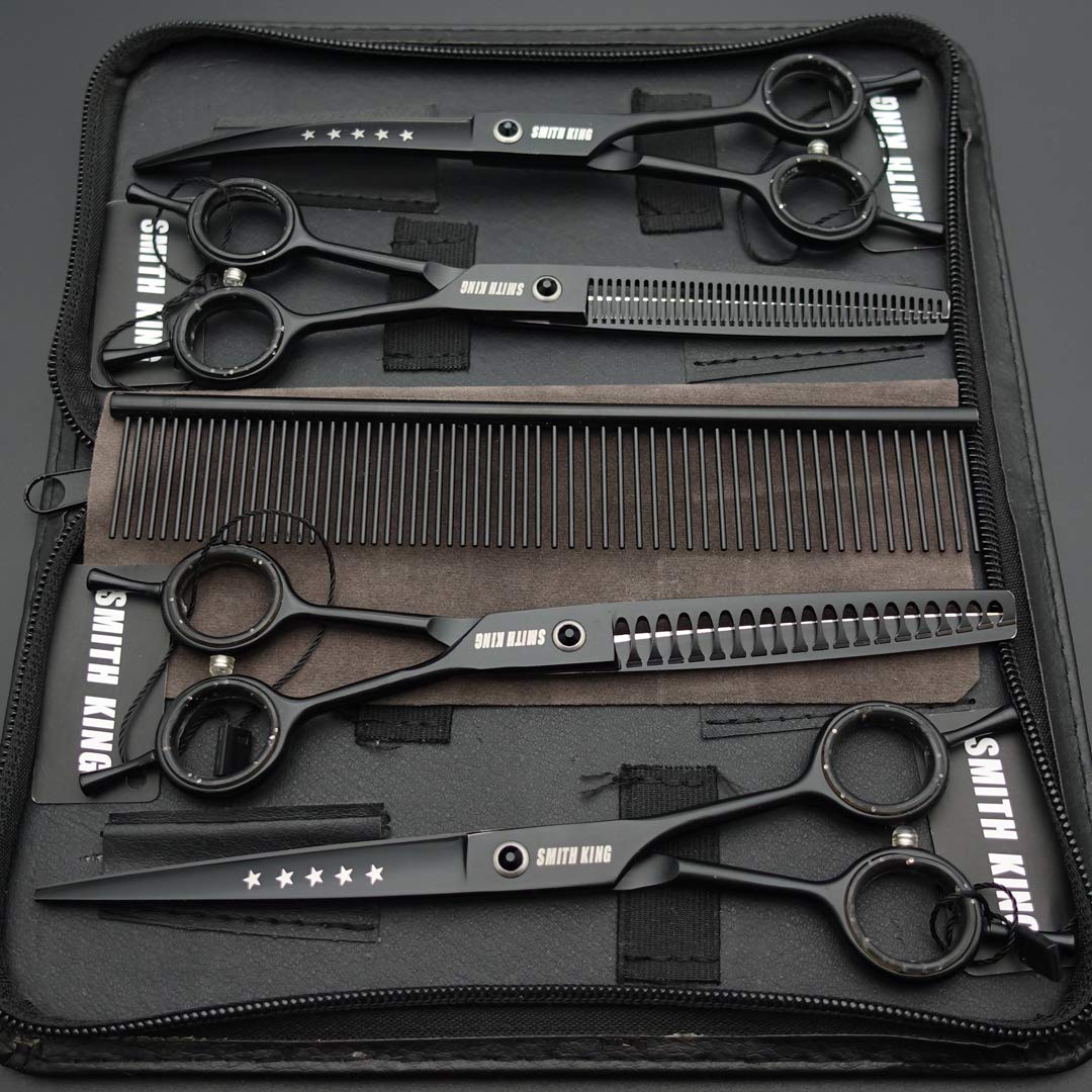 7.0 Inches Professional Dog Grooming Scissors Set Straight & Thinning & Curved & Chunkers & Comb 5Pcs In 1 Set For Left-Handed & Right Handed Black