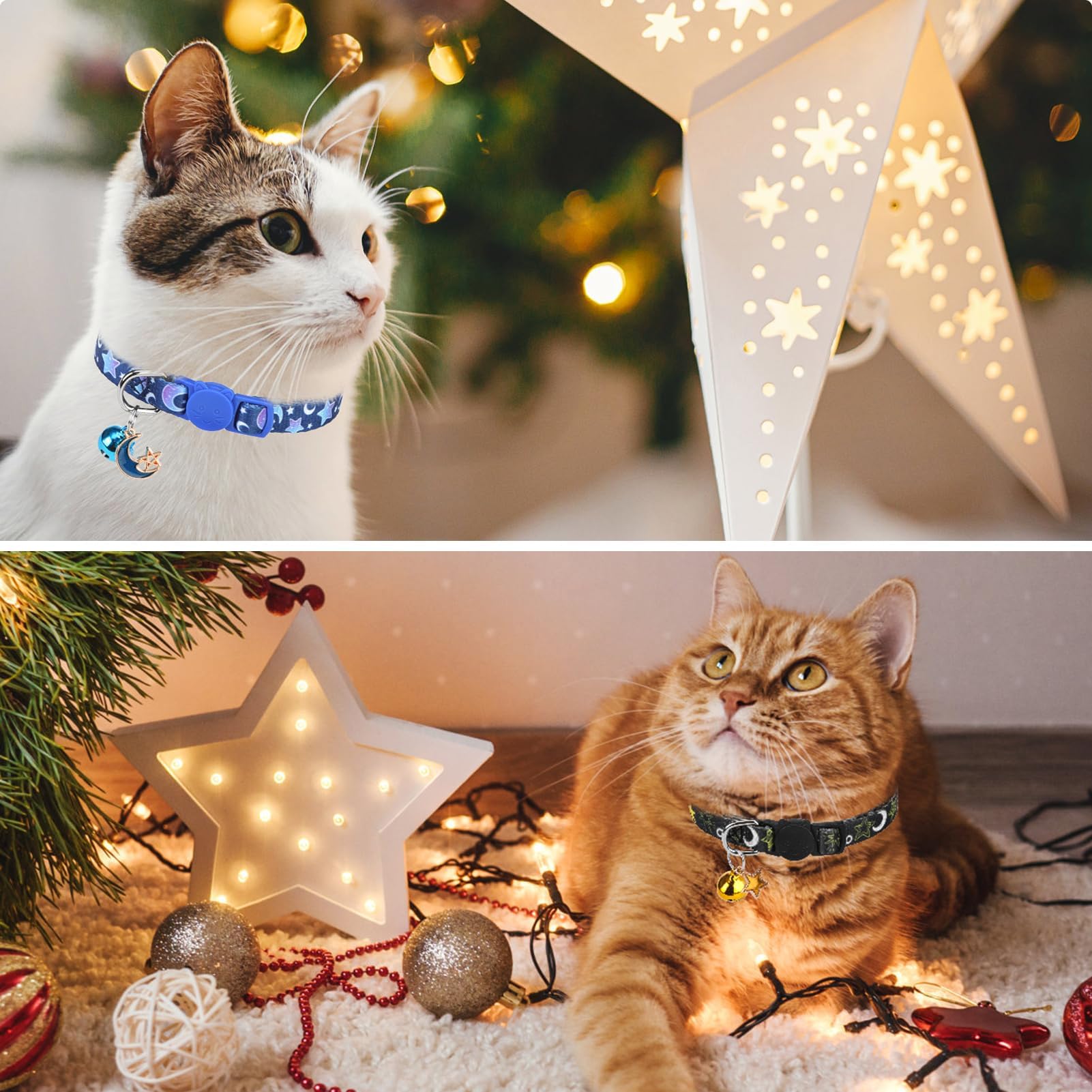 Scenereal Cute Cat Collar With Bell Breakaway, 4 Pack Star And Moon Pendant Spring Pet Collar For Girl Boy Cats, Adjustable Safe