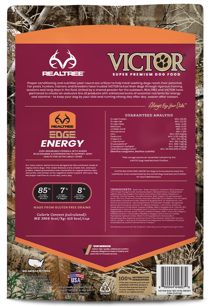 VICTOR Super Premium Dog Food - Realtree Edge Energy Dry Food for Highly Active Dogs - 28% Protein, 22% Fat - Gluten Free Kibble