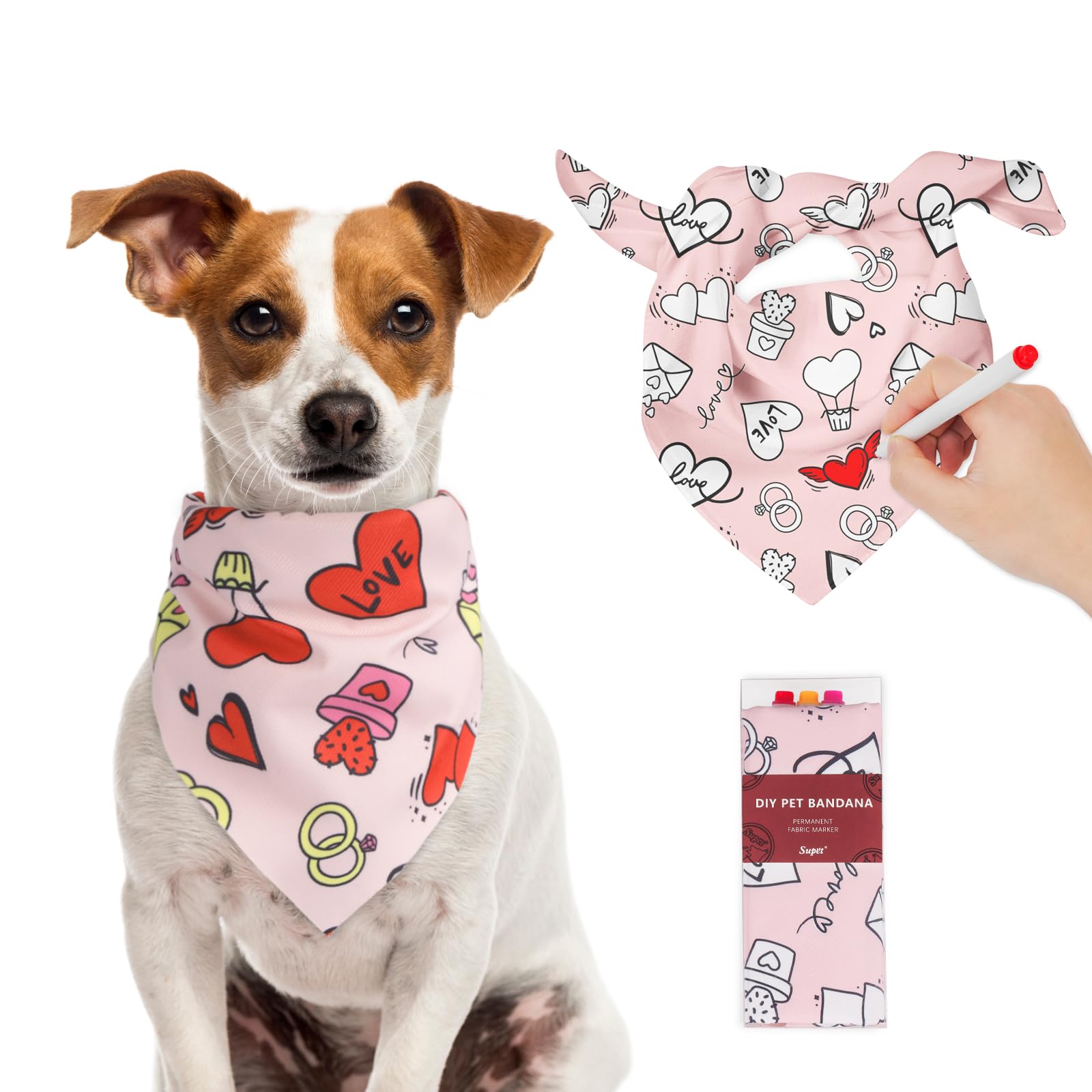 Supet Diy Love Dog Bandana Scarf With Permanent Marker, Washable, Unisex Pet Accessory Dogs, Romantic Puppy Gifts For Engagement