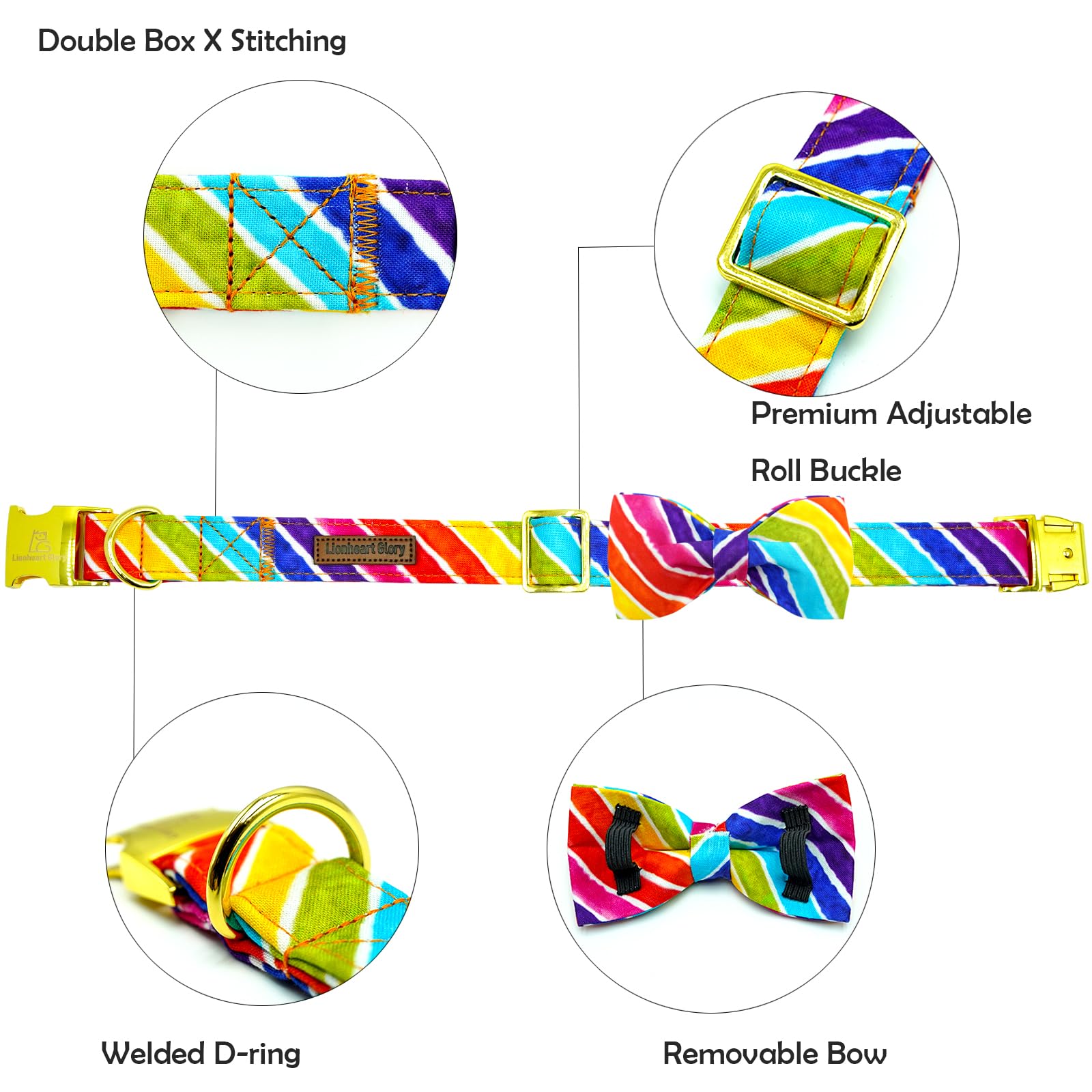 Lionheart Rainbow Dog Collar - Colorful, Adjustable, Heavy Duty Pride Dog Collar with Bowtie for Medium Dogs