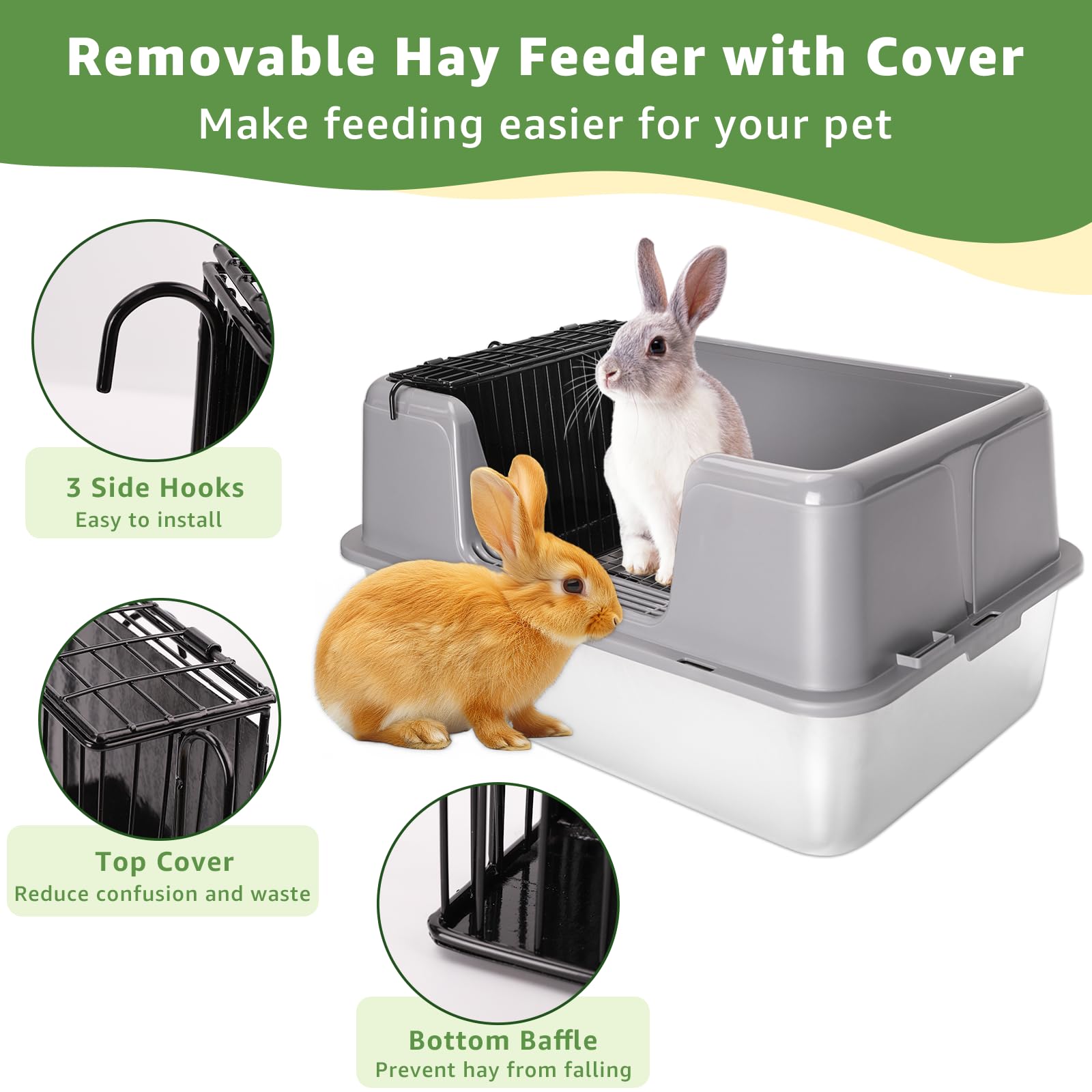 Zuqqony Rabbit Litter Box, Xl Stainless Steel Rabbit Litter Box With Lid, Hay Feeder With Hooks, Footed Metal Grid, Easy To Clea