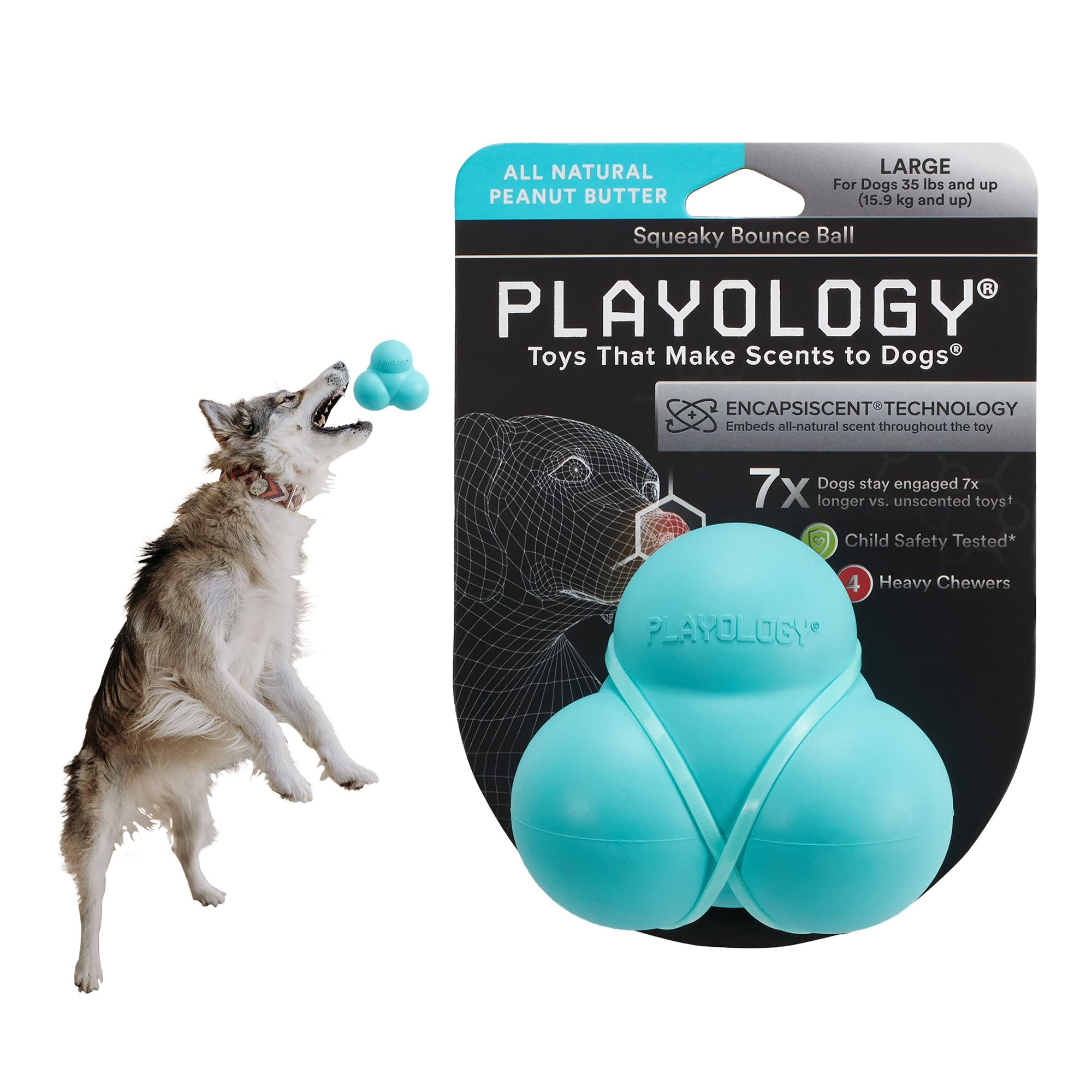 Playology Squeaky Bounce Ball Dog Toy, for Large Dog Breeds (35lbs and Up) - for Heavy Chewers - Engaging All-Natural Peanut But