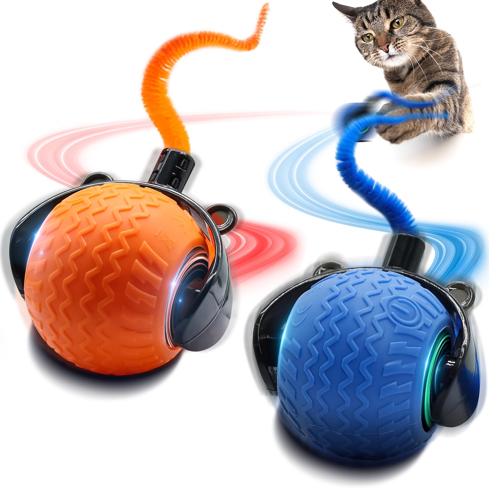 Wisafoi 2Pcs Interactive Cat Toy For Indoor Cats, Speedy Ball With Tail, Automatic Moving Cat Balls For Bored Indoor Adult Cats,