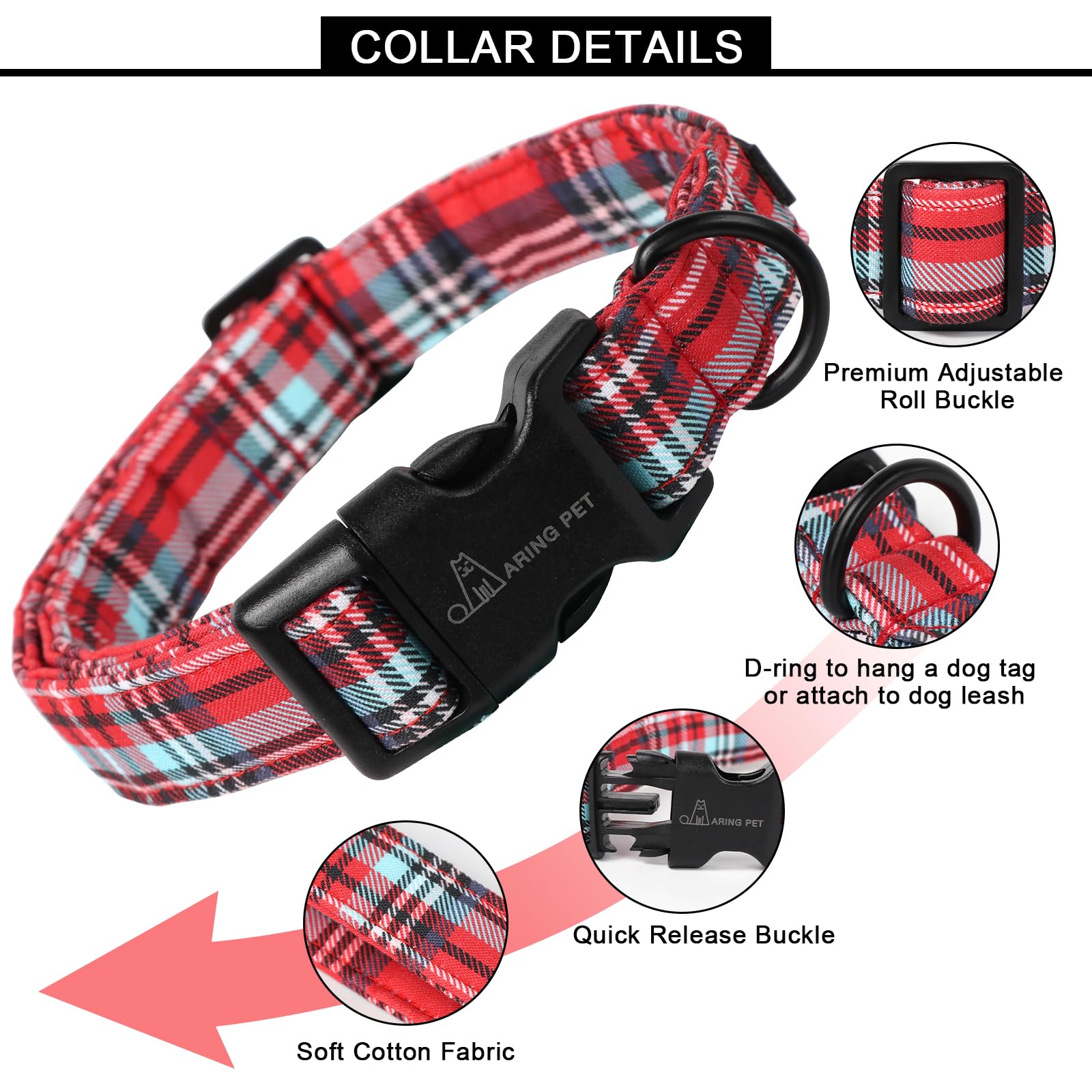 Aring Pet Christmas Dog Collar Cute Red Plaid Dog Collar, Adjustable Cotton Christmas Dog Collars Puppy Collar For Small Medium