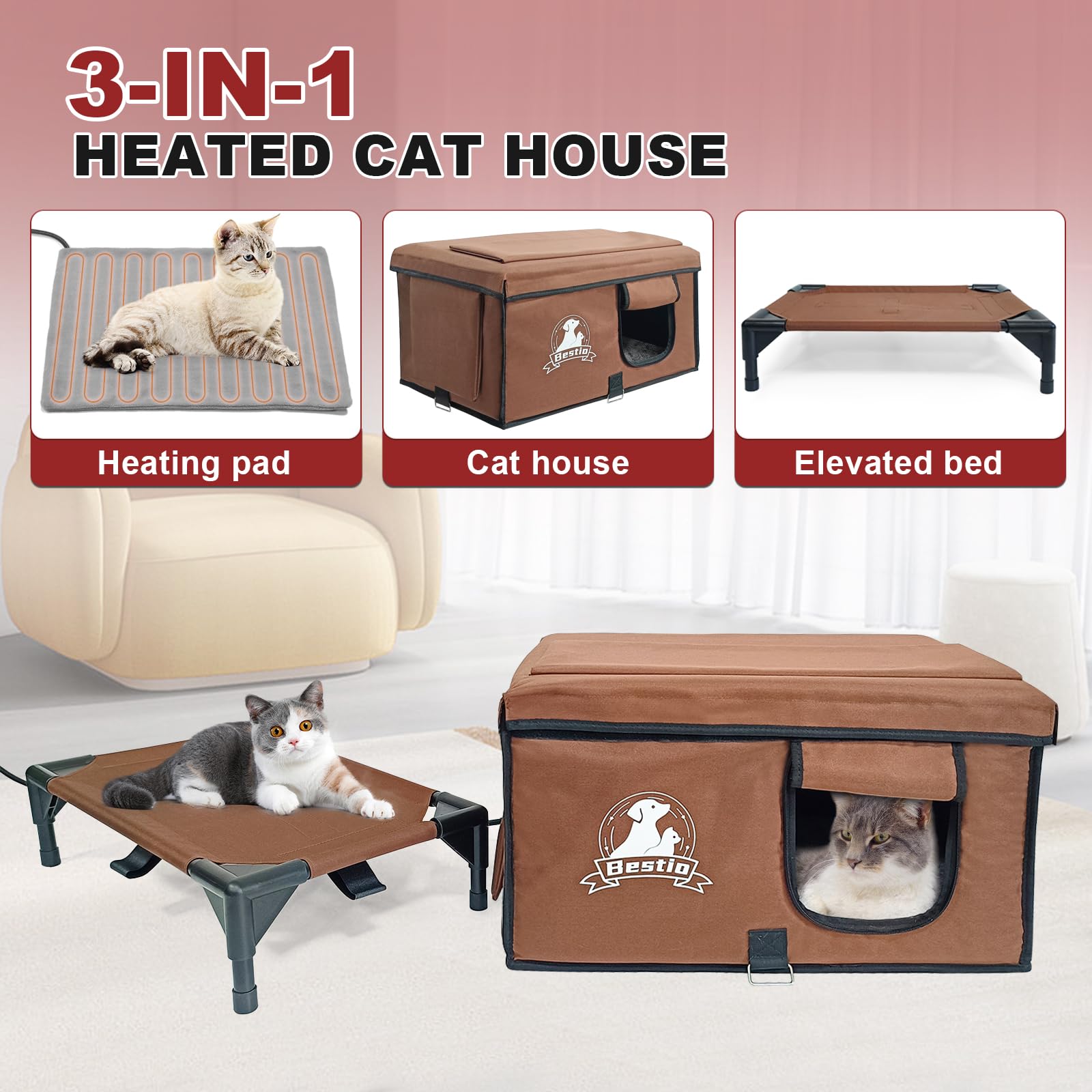 Bestio Heated Cat House For Outside With Pet Heating Pads, Outdoor Cat House Heated Weatherproof For Outside Feral Cat, Insulate