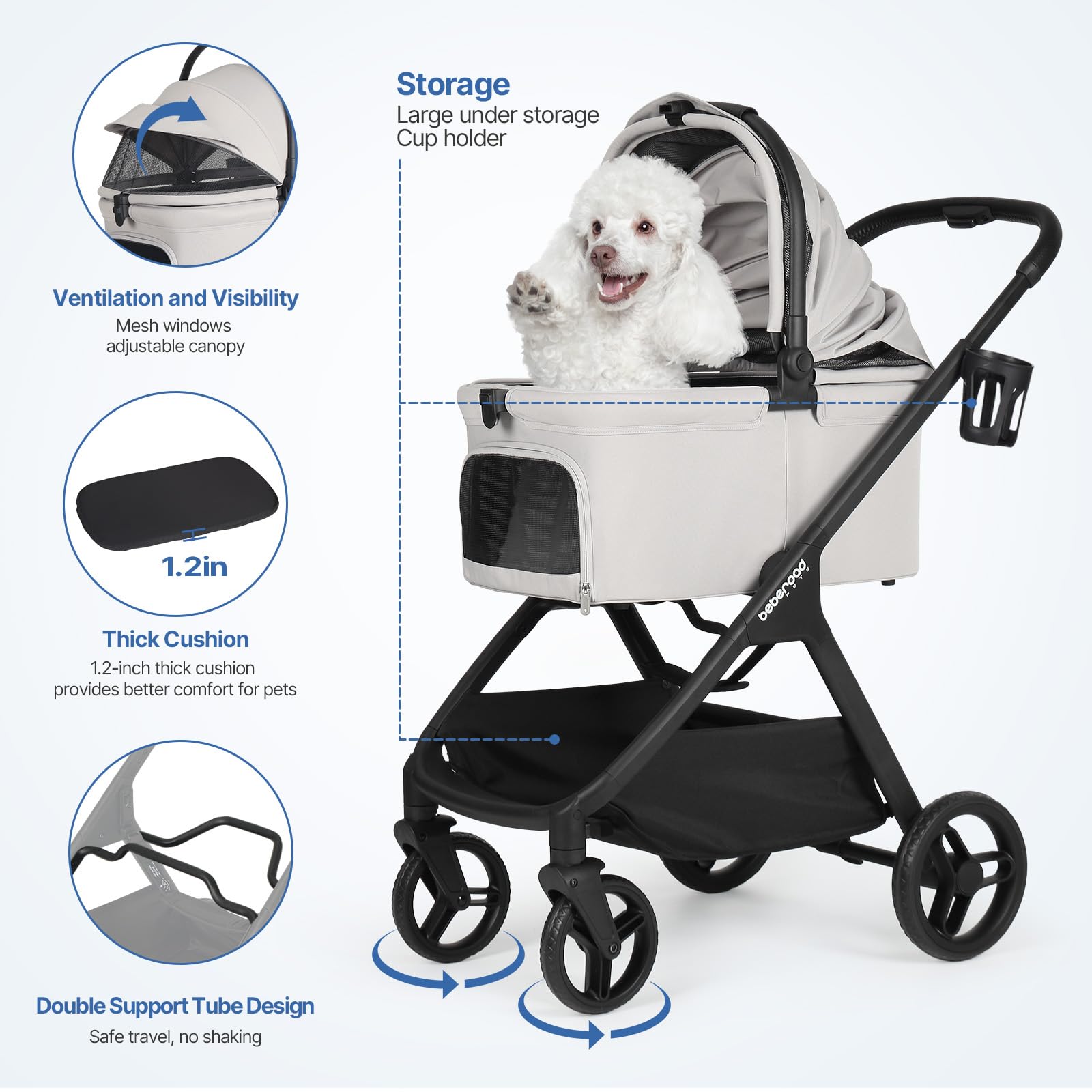 Beberoad Pets X-5 Luxury Pet Stroller For Medium Dog Under 55Lbs Or 2 Small Dogs & Cats, Foldable And Carrier -Detachable (Grey)