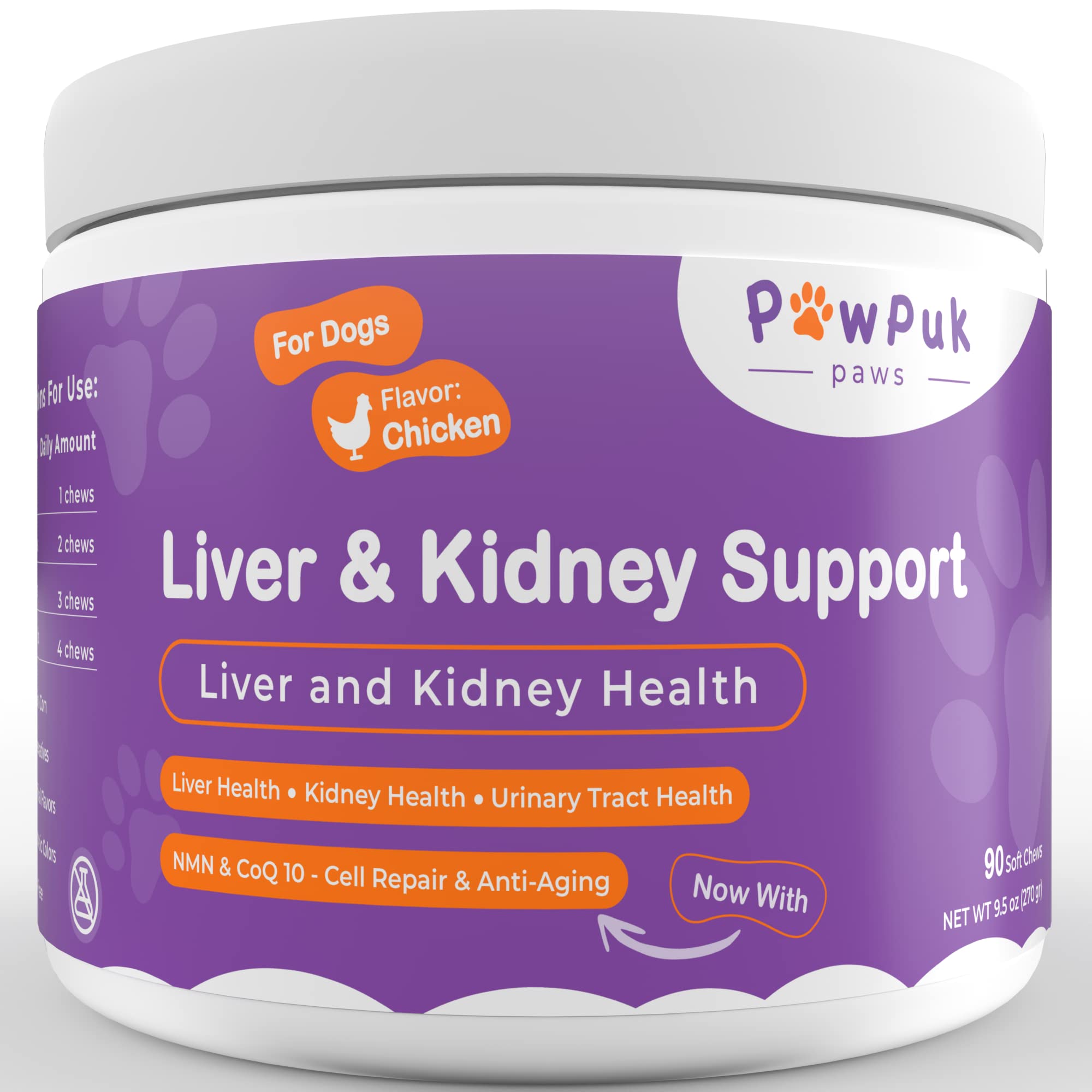 PawPuk Paws Liver & Kidney Vitamins Supplements for Dogs, SAM-E & Silymarin - Liver Function, NMN & CoQ10 - Anti-Aging, Rehmanni