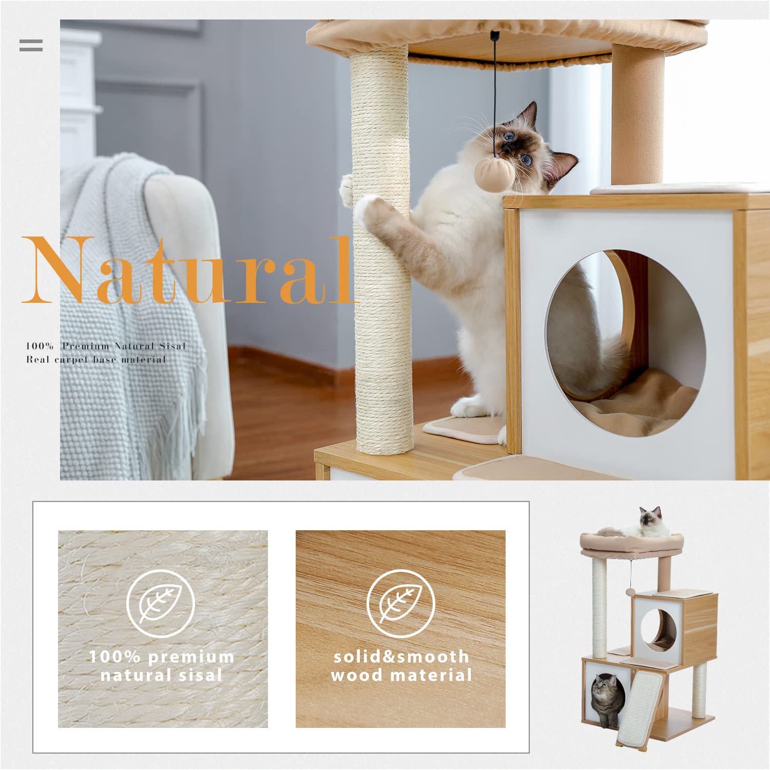 Pawz Road Cat Tree 35 Inches Wooden Cat Tower With Double Condos, Spacious Perch, Fully Wrapped Scratching Sisal Posts And Repla