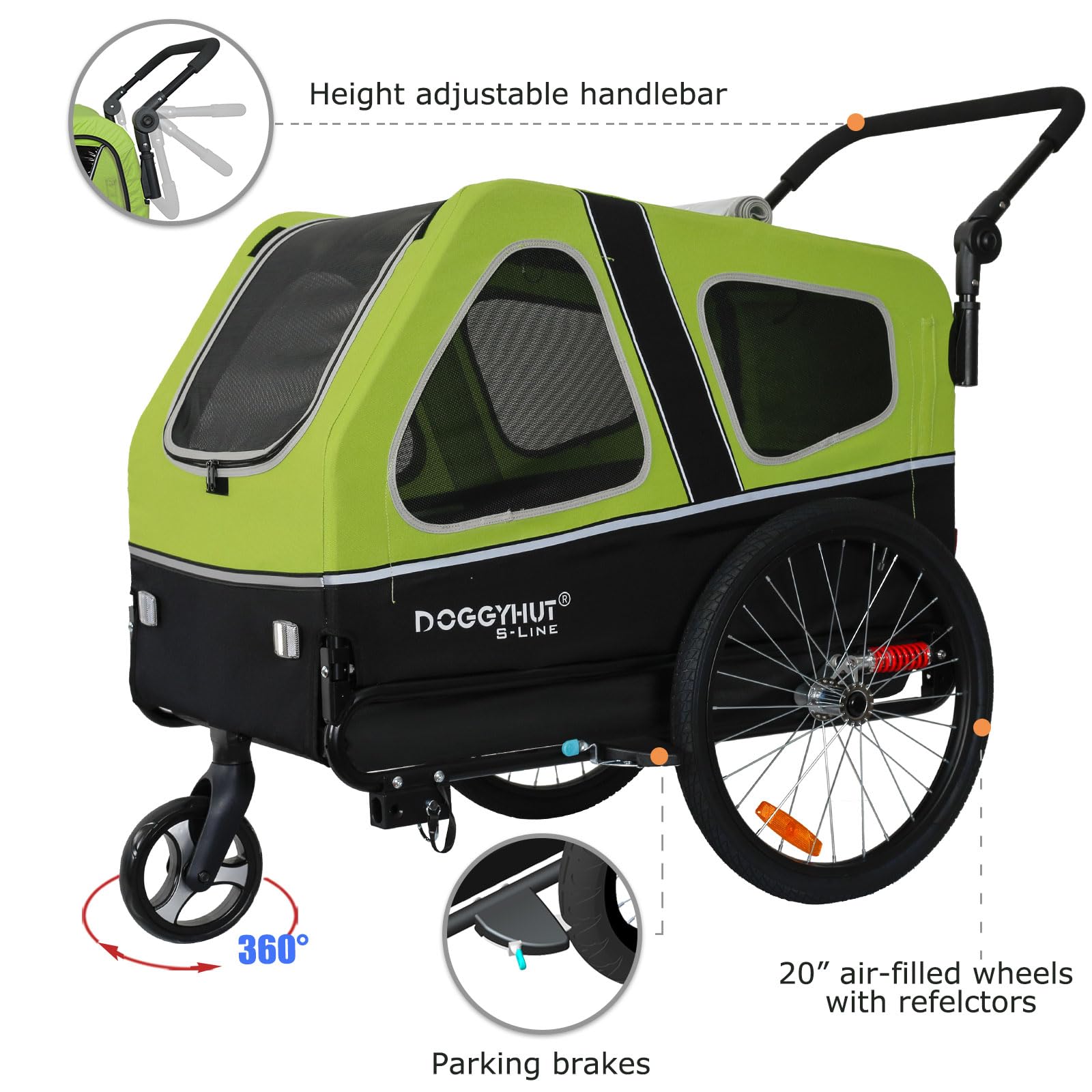 Doggyhut S-Line Xl Pet Bike Trailer & Stroller For Dogs Up To 100 Lbs (Green)