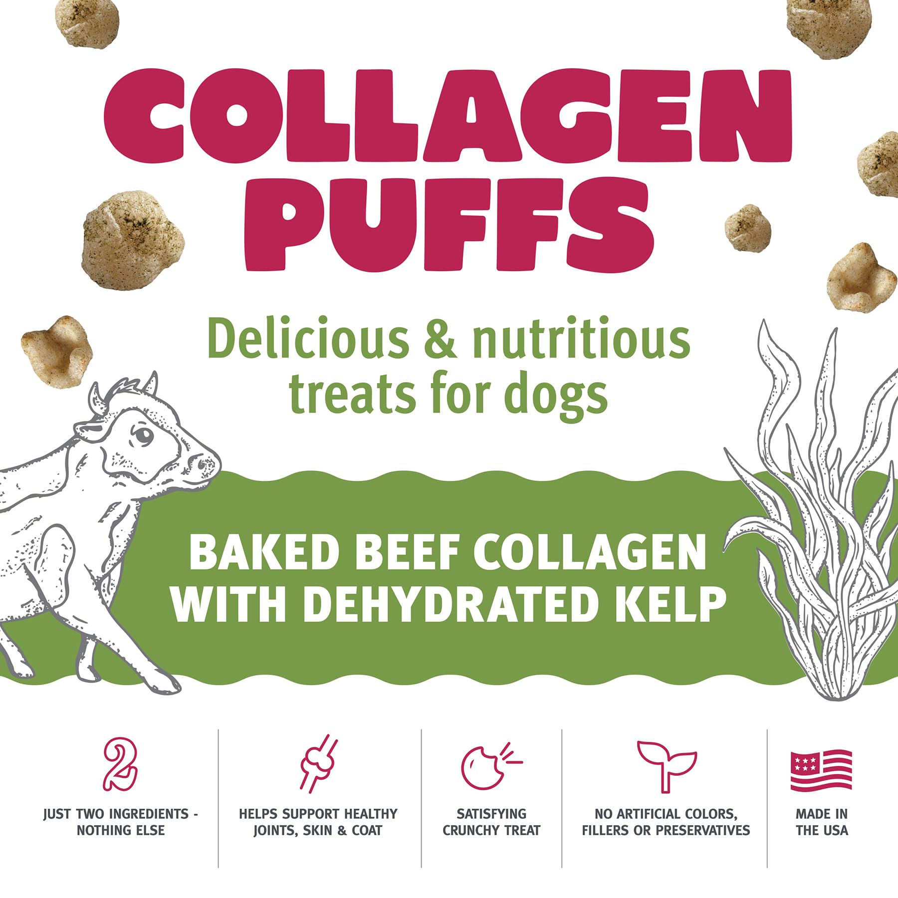 Icelandic+ Collagen Puffs: Baked Beef Collagen W/Dehydrated Kelp 2.5oz - Treats for Med-Lg Dogs, Crunchy Protein Bites