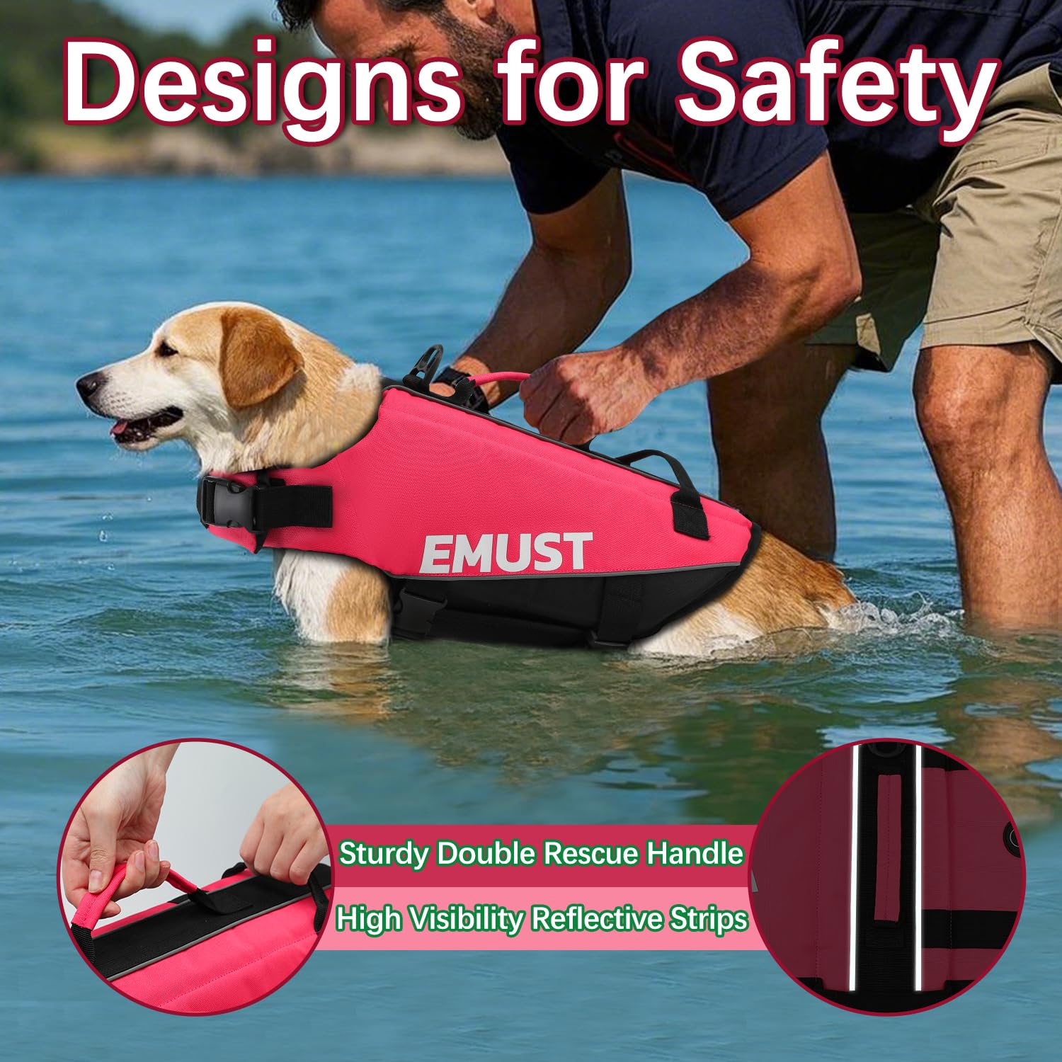 Emust Dog Life Vests, Adjustable Pet Life Jacket With Rescue Handle, Dog Flotation Device Dfd For Small/Medium/Large Dogs, M, Ro
