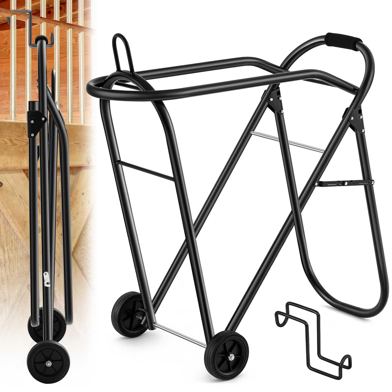 Kritkin Horse Saddle Tack Cart with Wheels, Rolling Iron Heavy Duty Saddle Wheeler with Hooks Foldable Horse Equipments Stable S