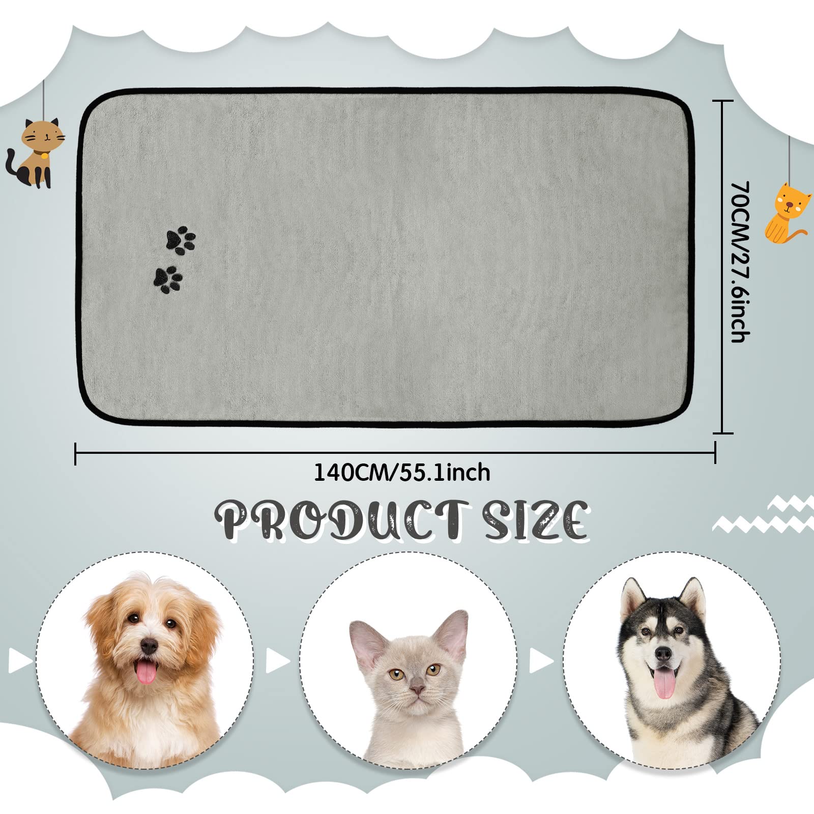 Tegeme 4 Pack Microfiber Dog Towels - Soft, Absorbent Pet Bath Towel for Dogs & Cats, Gray, 27.5 x 55 Inch, Embroidered Paw