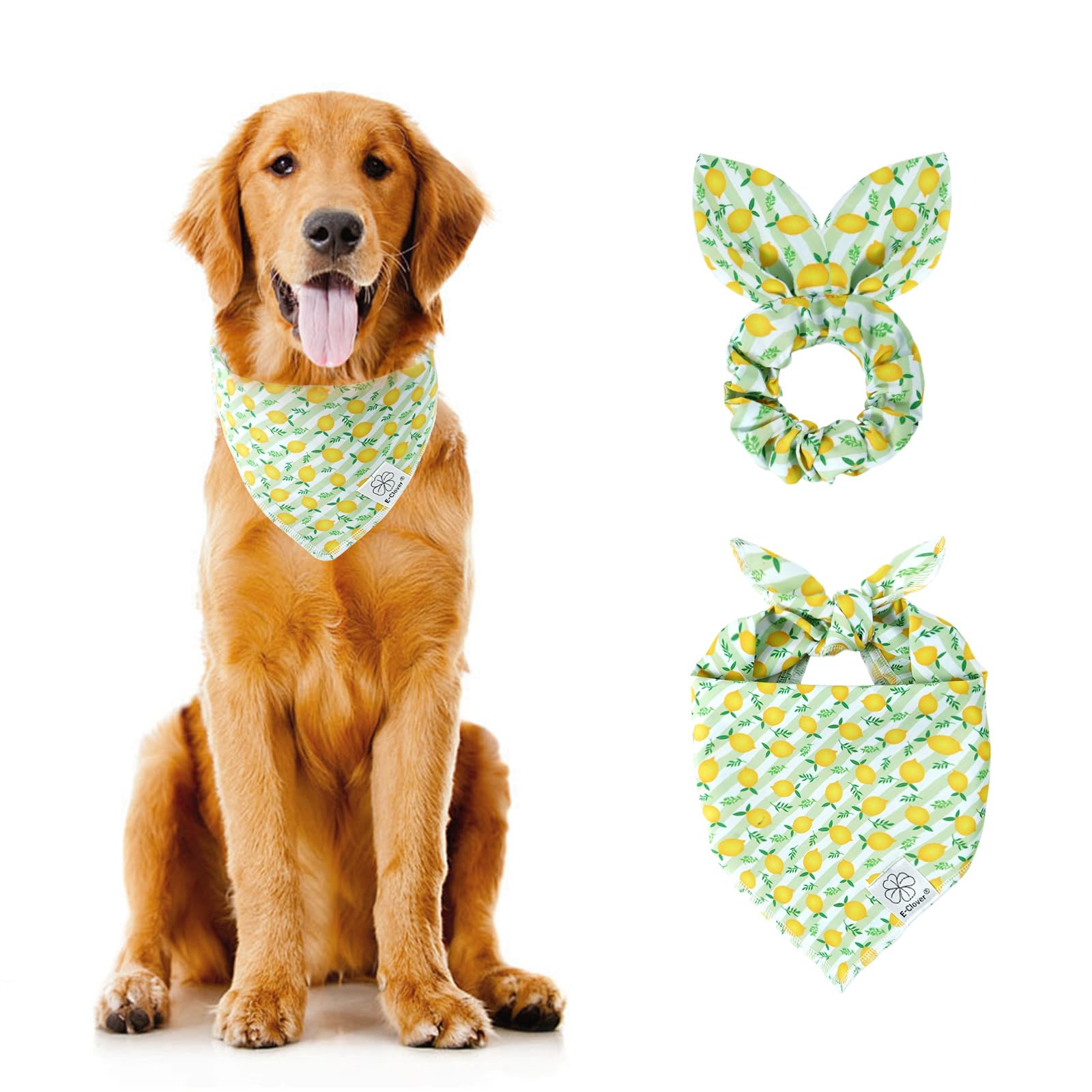 E-Clover Summer Lemon Dog Bandanas & Matching Scrunchie Set Green Stripe Dog Scarf Bibs Pet Bandana With Bow Tie For Medium Larg