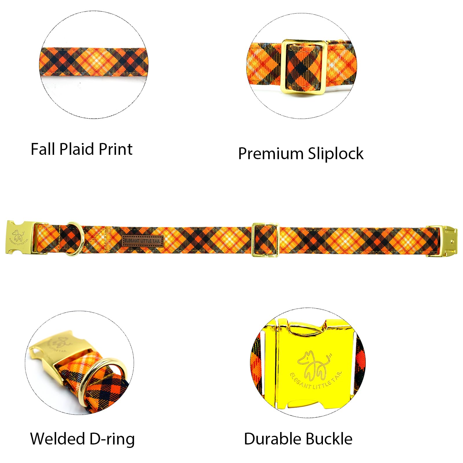 Elegant Little Tail Orange Plaid Cotton Dog Collar With Metal Buckle For Small Dogs